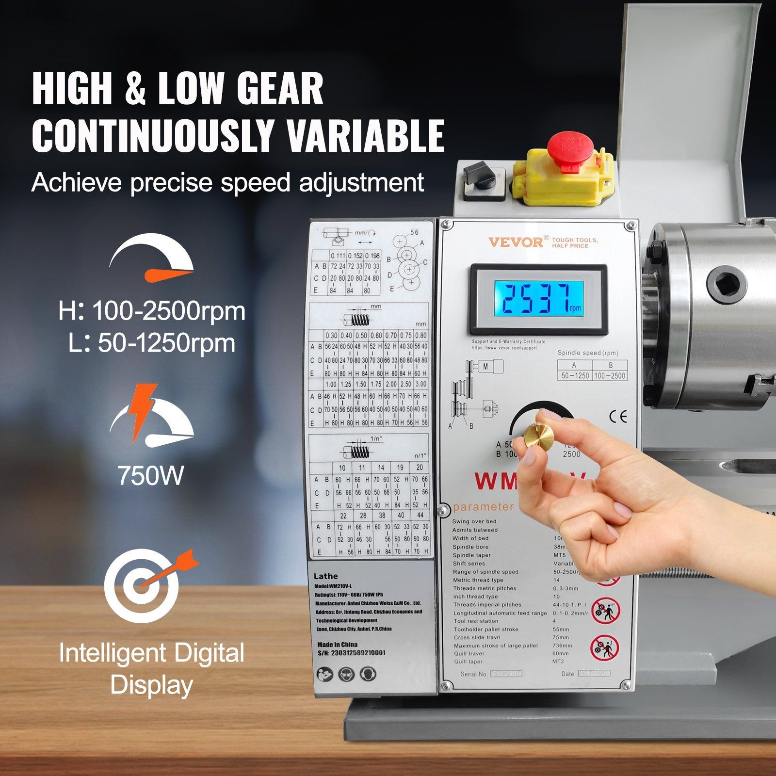 Precision Metal Lathe 211×750mm, HT200 Cast Iron, 750W Brushless, 24 Threads