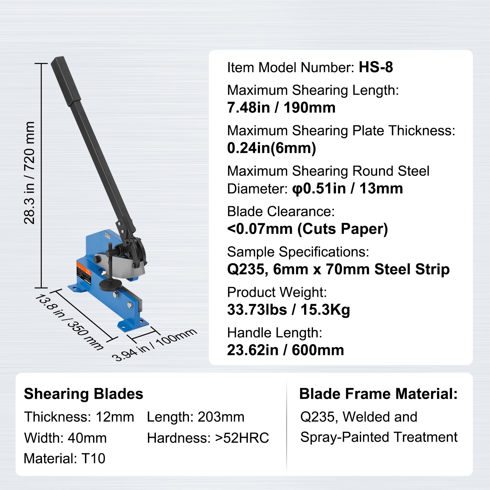 VEVOR 8″ Manual Hand Plate Shear Benchtop Cutter Metal Sheet Processing Q235