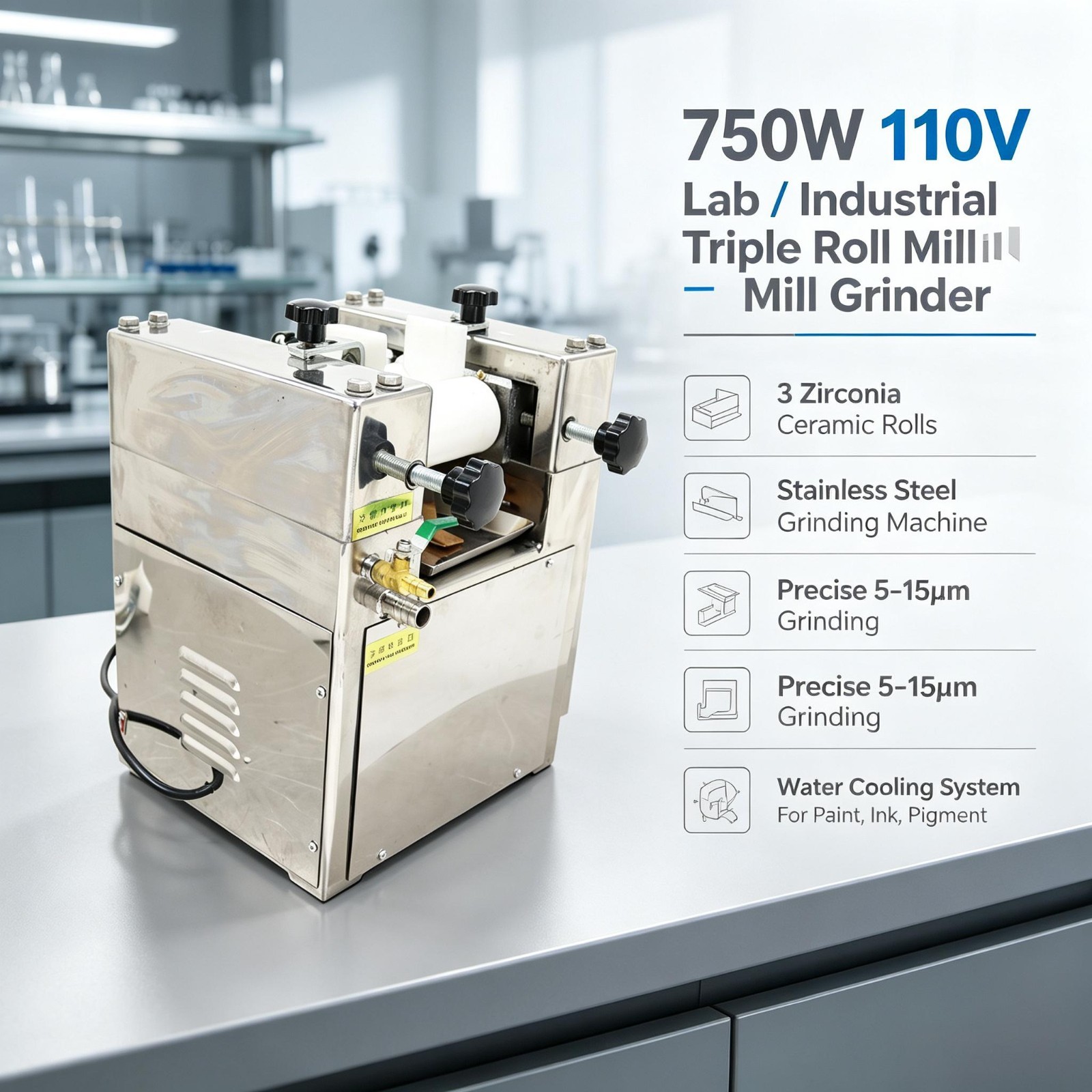 750W 110V Lab/Industrial Triple Roll Mill Grinder with 3 Zirconia Ceramic Rolls