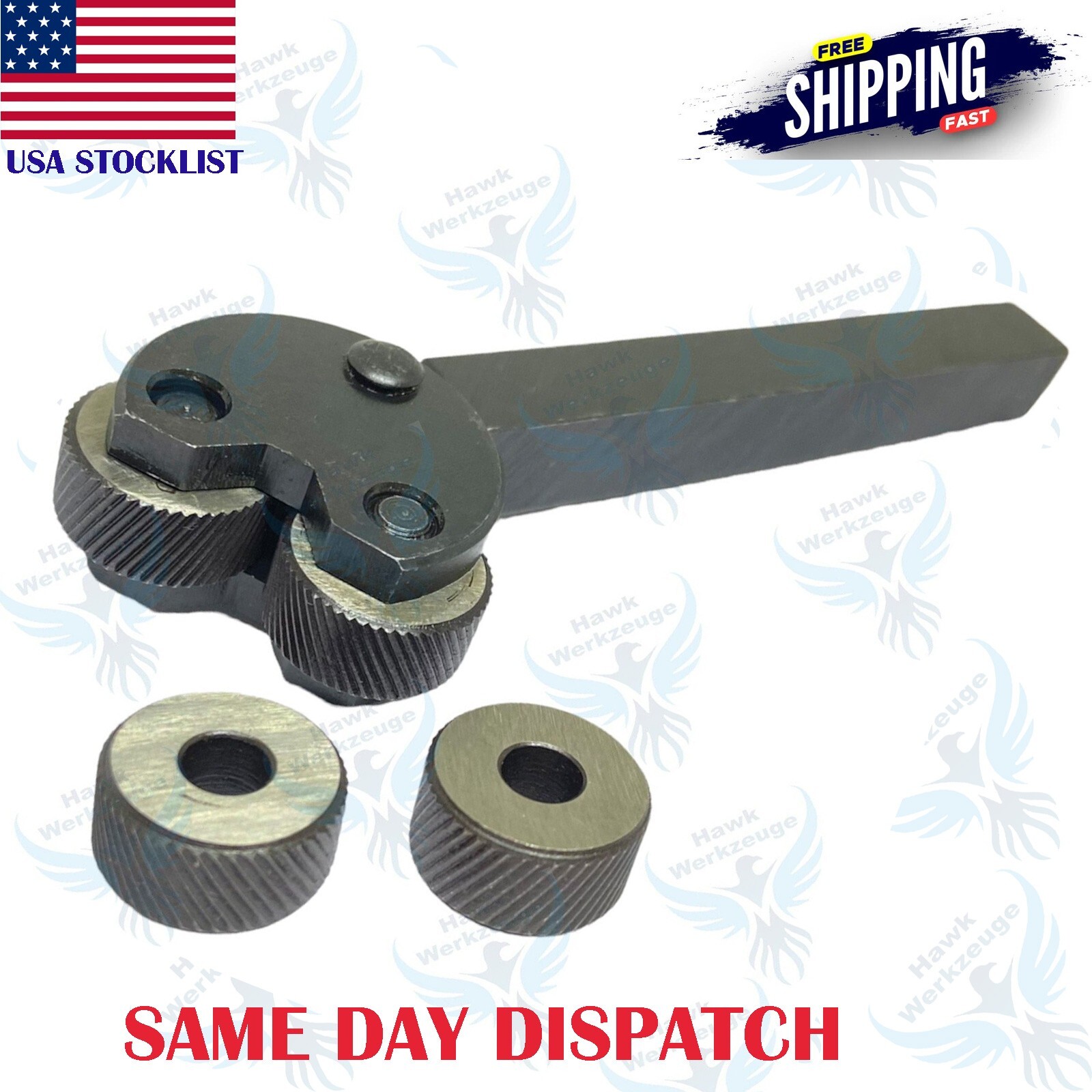 Pivot Head Lathe Knurling Tool Holder OAL 4-1/2′ With Extra Knurl Pair 4 knurls