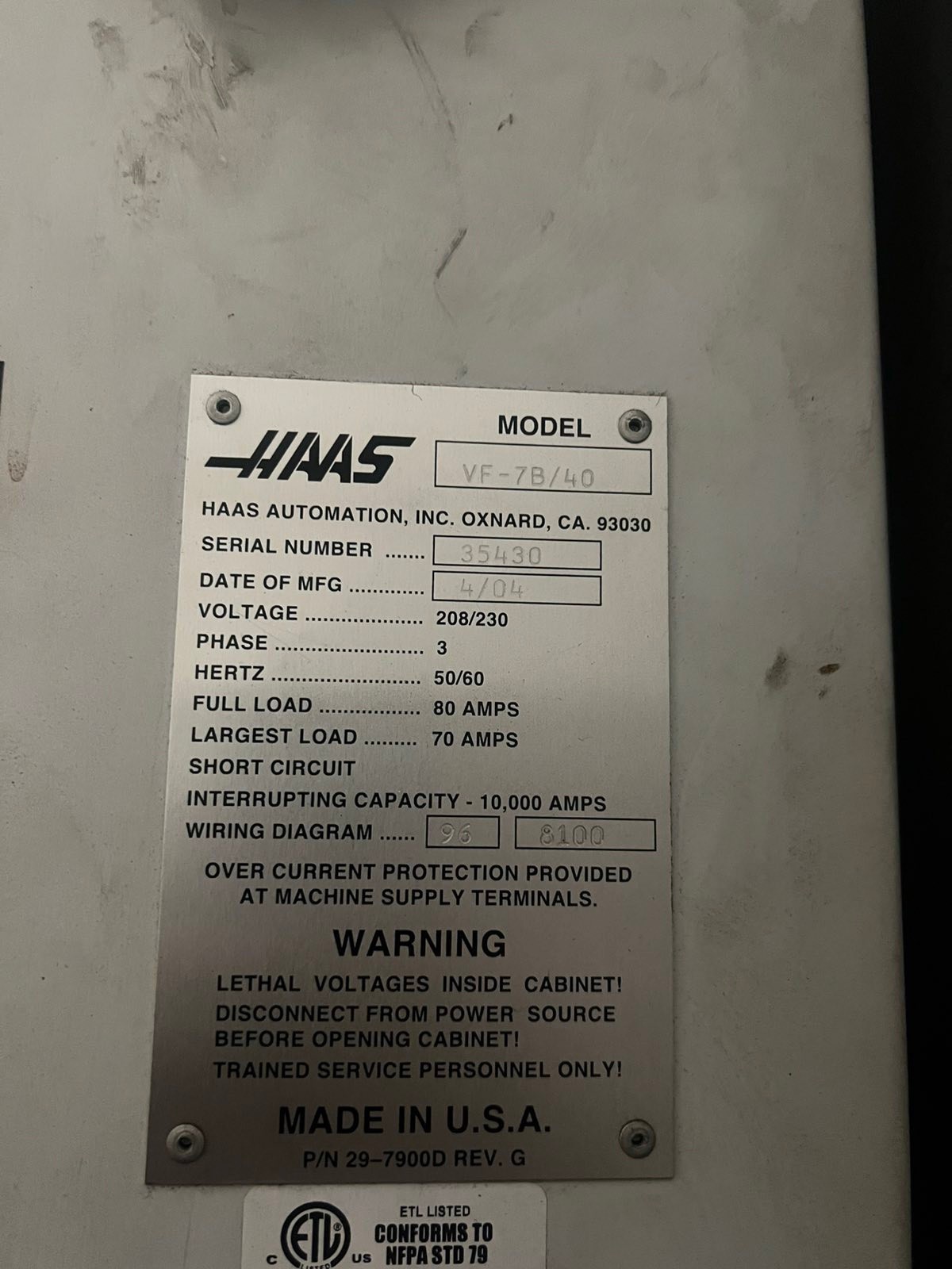 2004 HAAS VF-7 CNC VMC, 30HP, 10,000 RPM 2 Speed Gear Box, 4th axis ready,crane