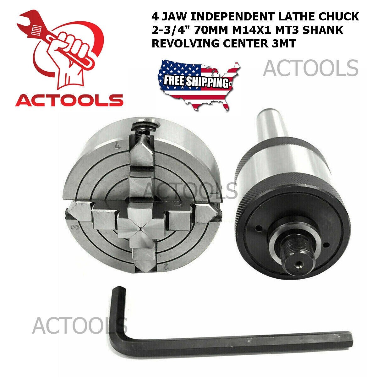 4 Jaw Inependent Lathe Chuck 2-3/4″ 70mm M14X1 MT2 Shank Revolving Center 2MT