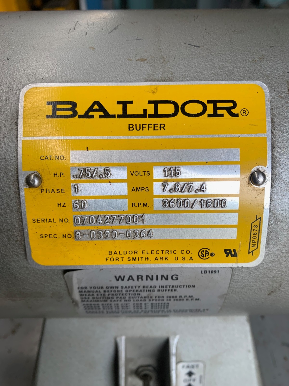 Baldor Buffer with stand and storage .75/.5 hp at 1800/3600 rpm