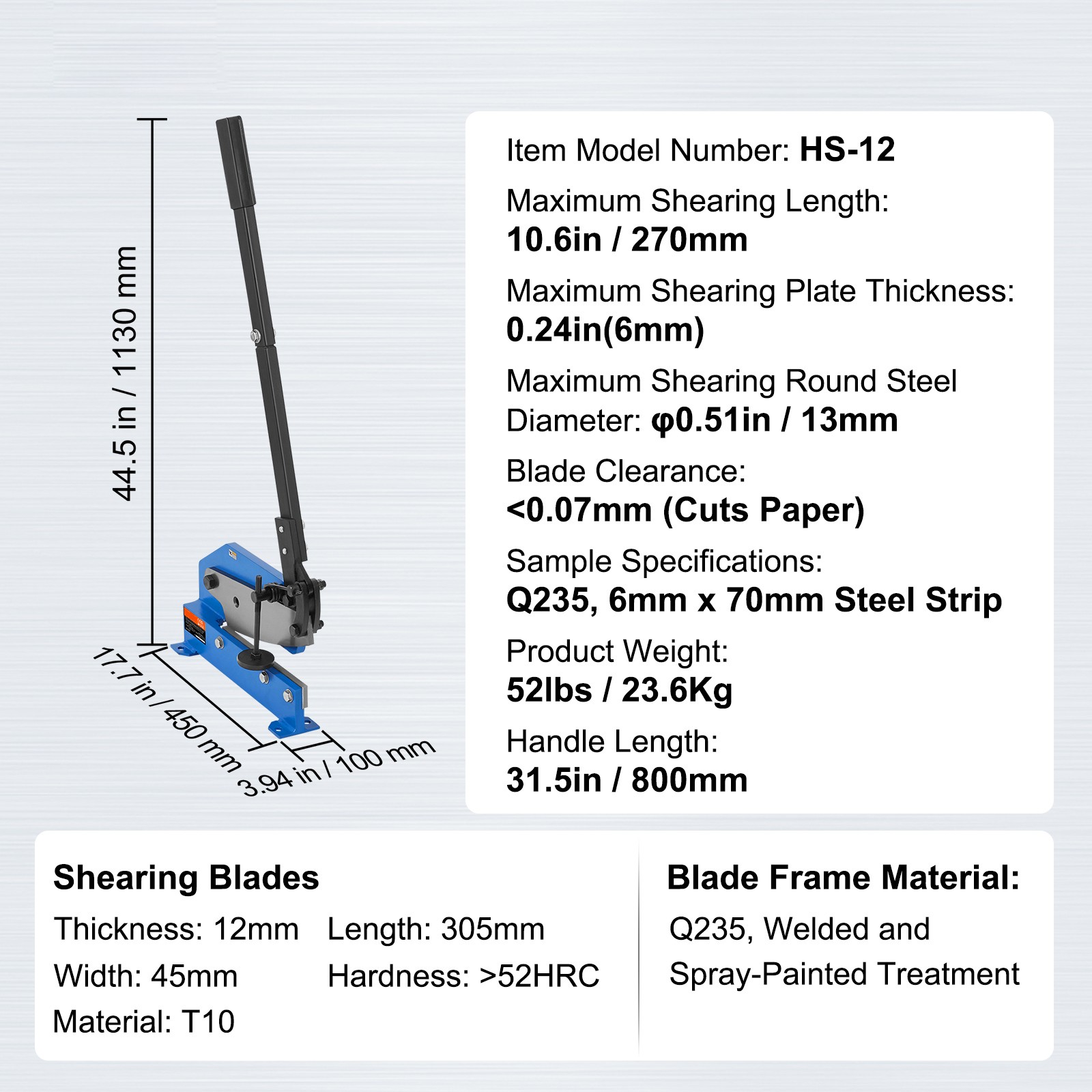 VEVOR 12″ Manual Hand Plate Shear Benchtop Cutter Metal Sheet Processing Q235