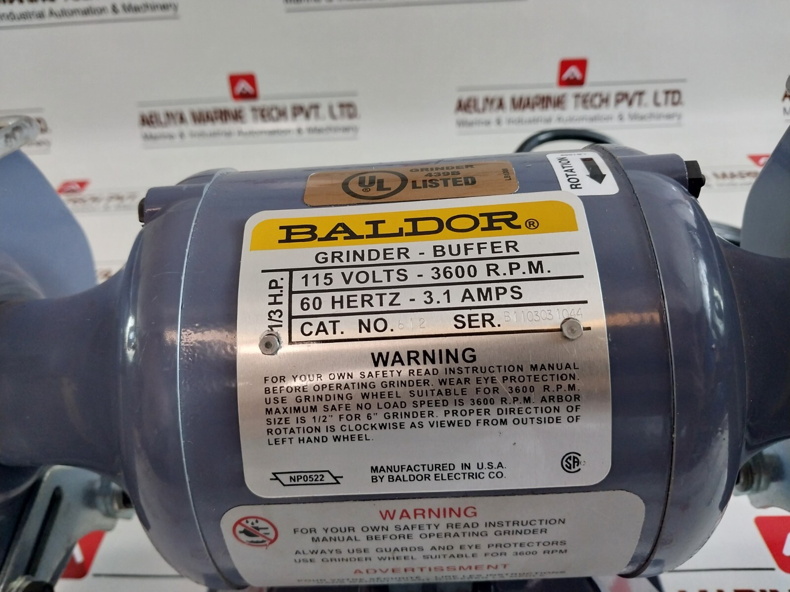 Baldor Electric 612 Grinder-Buffer 975305-00 115 VOLTS 3600 RPM 60HERTZ 3.1 AMPS