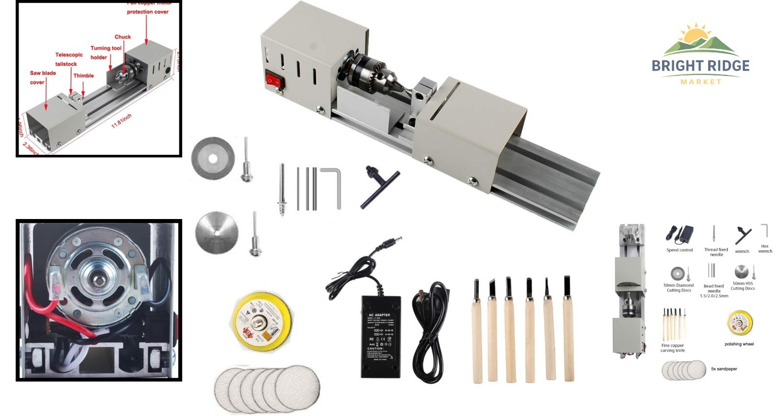 Mini Lathe Machine 12V-24VDC with Adjustable Speed for DIY Woodworking