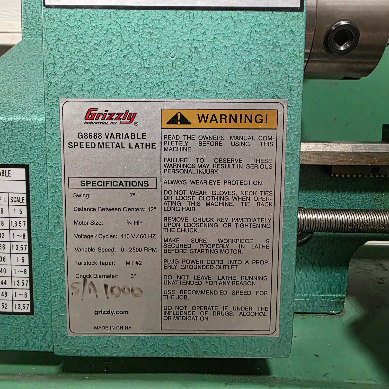 Grizzly G8688 7″ x 12″ Benchtop Mini Lathe 7″ Swing, 100-2500RPM, 120VAC 2.8A