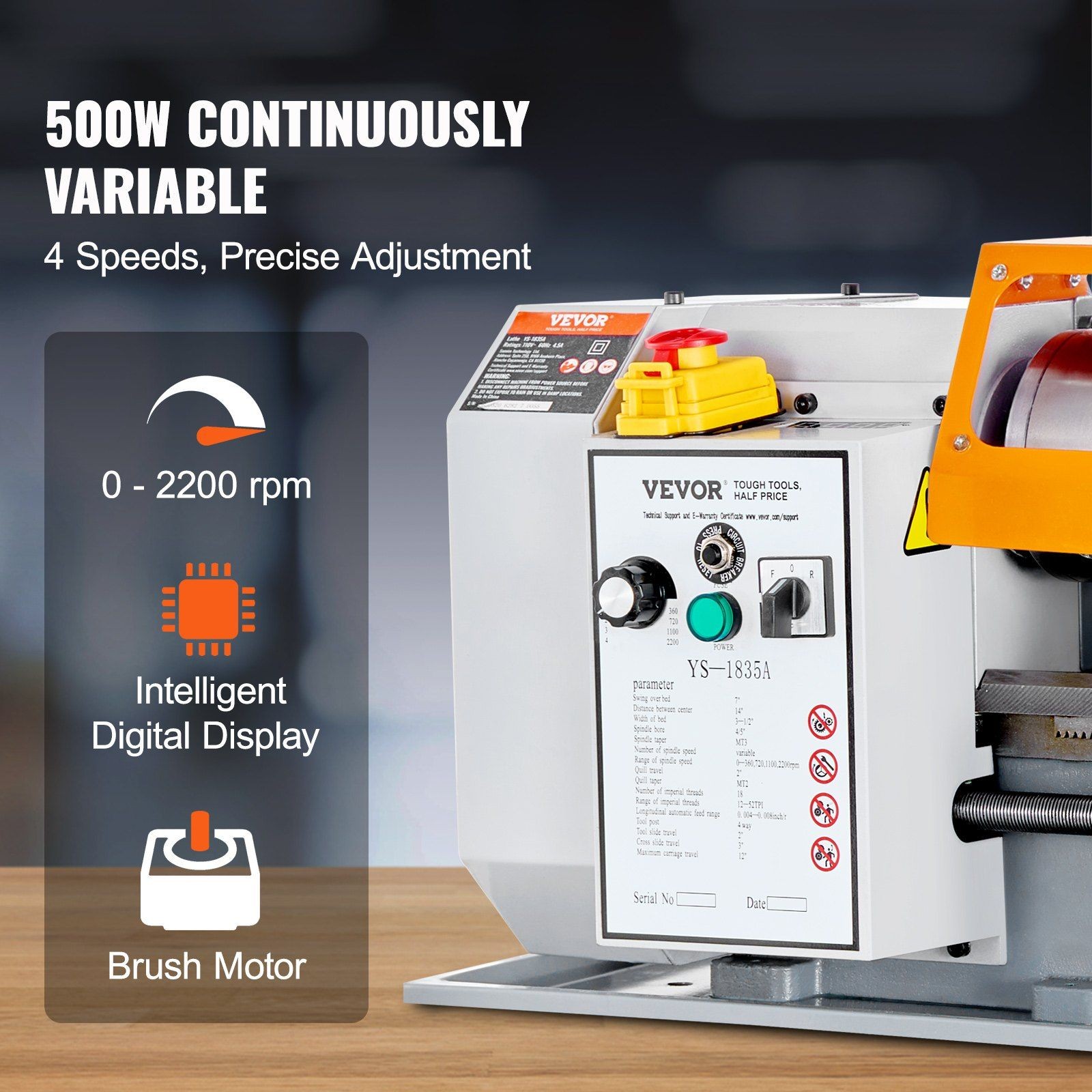 7×13.78in Durable Lathe 500W Motor 0-2200RPM Benchtop Precision Cut