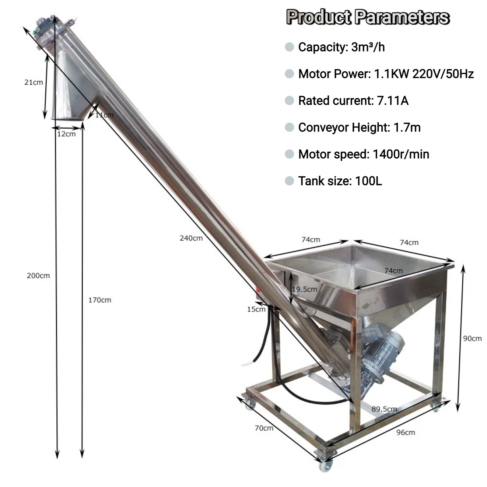 Electric Screw Conveyor Feeder Auger Hopper 1.7m Height 220V 1.1KW Single-phase