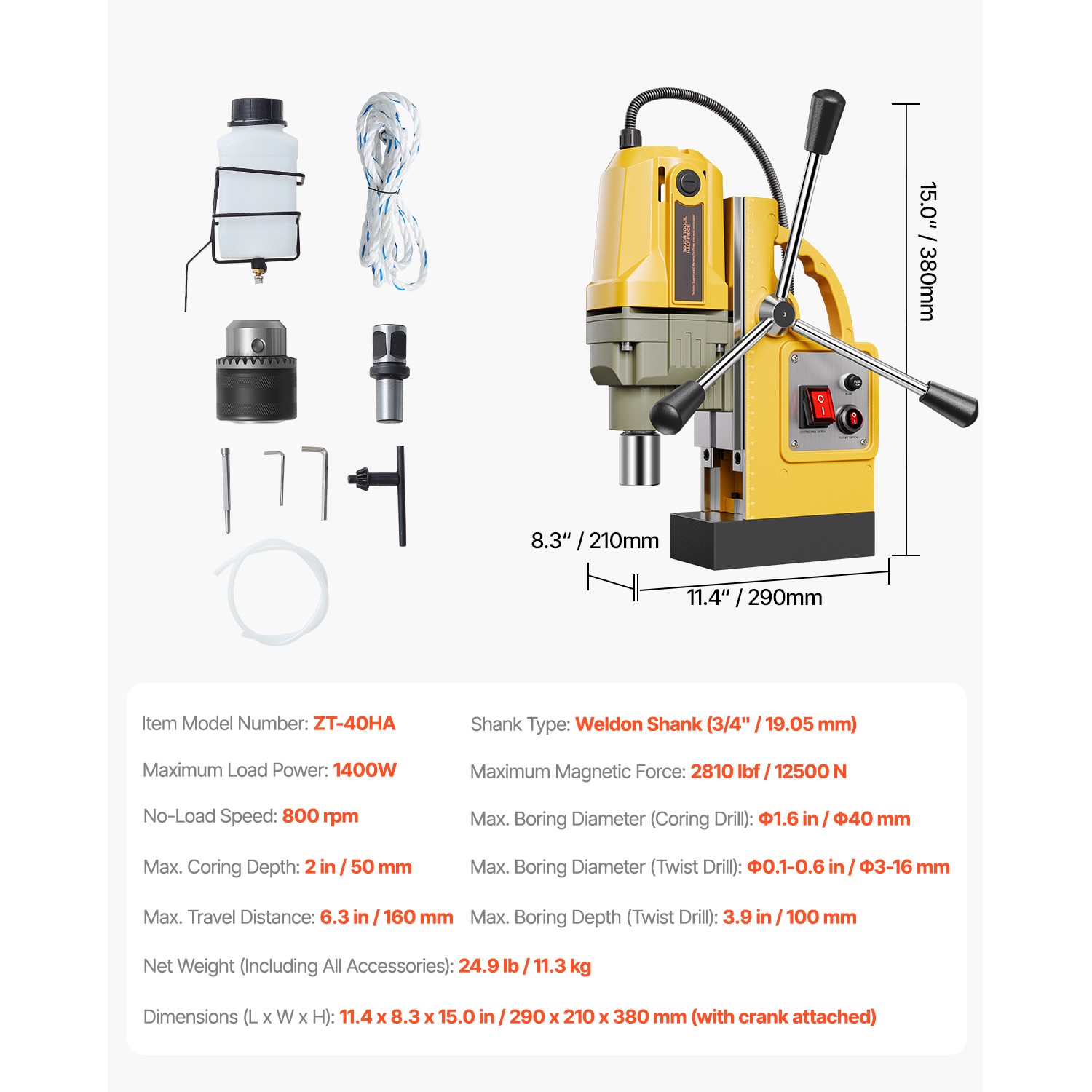 Magnetic Drill 1400W 2810 lbf Mag Drill Press 1.6 in Boring Diameter 800 RPM