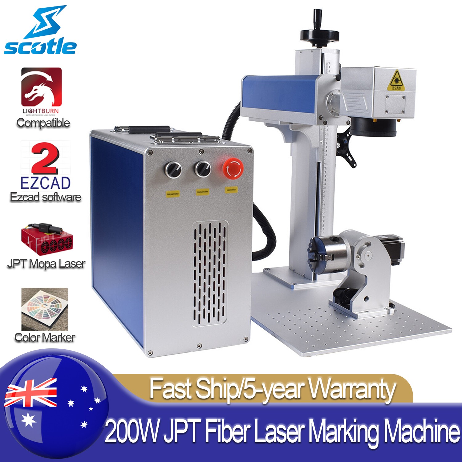 Scotle 200W JPT Mopa Fiber Laser Marking Machine Metal Engraving Marker & Rotary