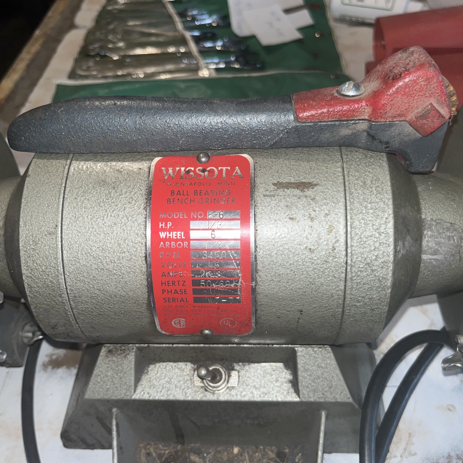 WISSOTA BENCH GRINDER, E-6 ,6″ WHEEL, 1/3 HP, 3450 RPM, 115 V, Tested
