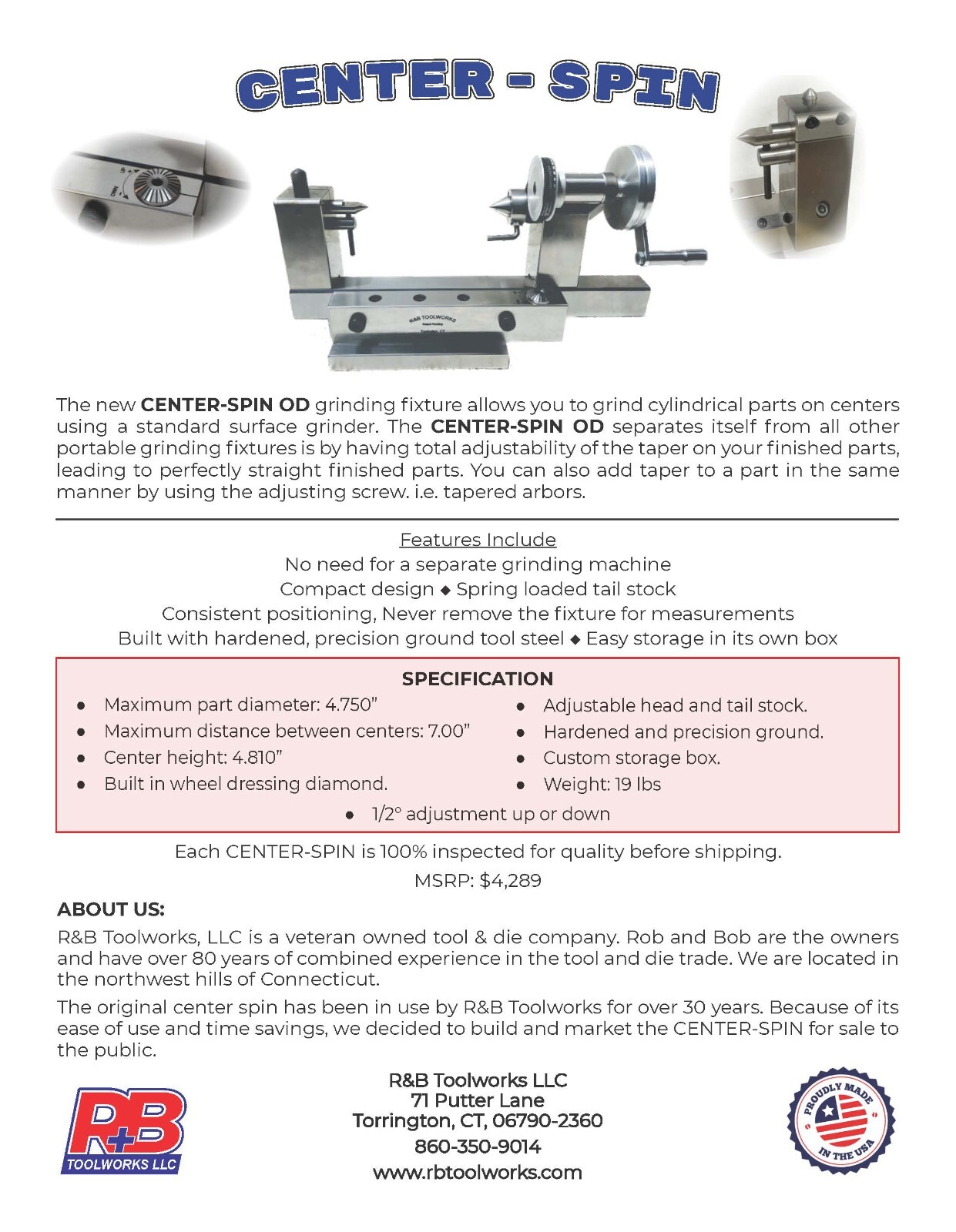 CENTER-SPIN SURFACE GRINDING FIXTURE (Brand New)