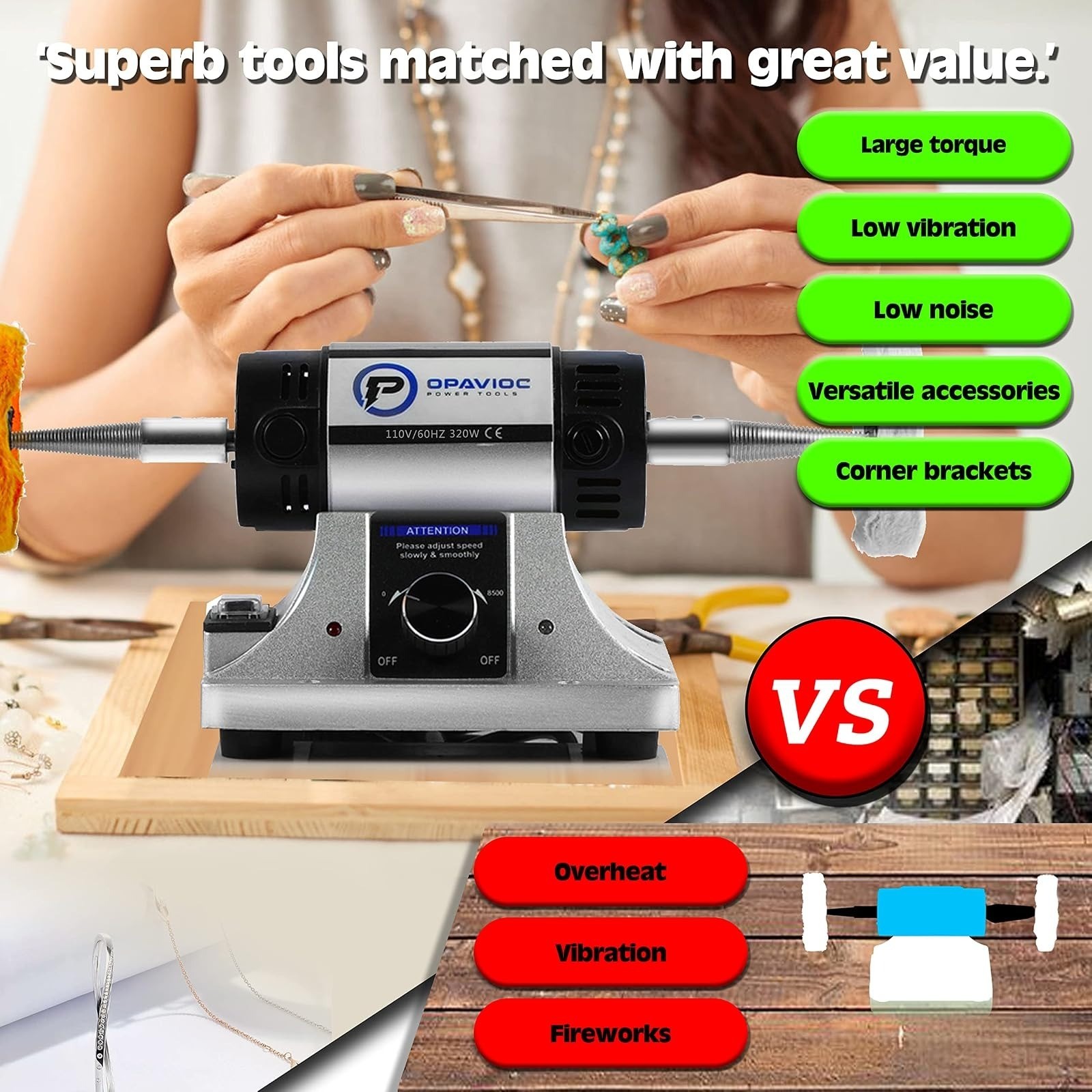 OPAVIOC Jewelry Polisher Adjustable Speed Bench Grinder Buffing Machine