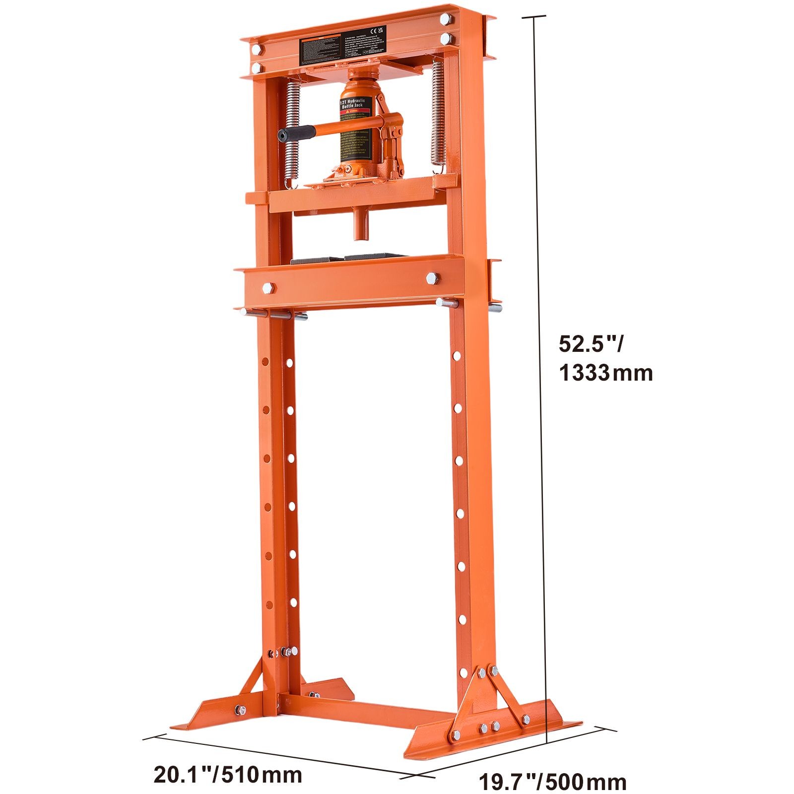 12 Ton H-Frame Hydraulic Shop Press, Adjustable 1.6to27.8in Height with Plates