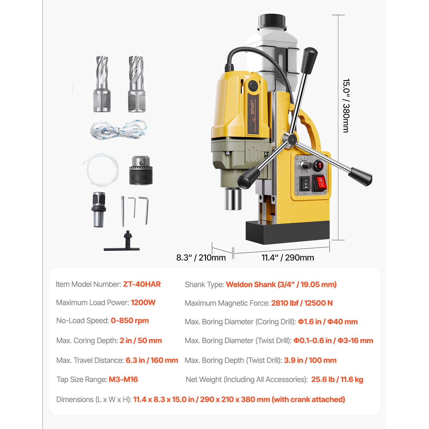 VEVOR Magnetic Drill 1400W 2922lbf/13000N Portable Mag Drill Press 810RPM