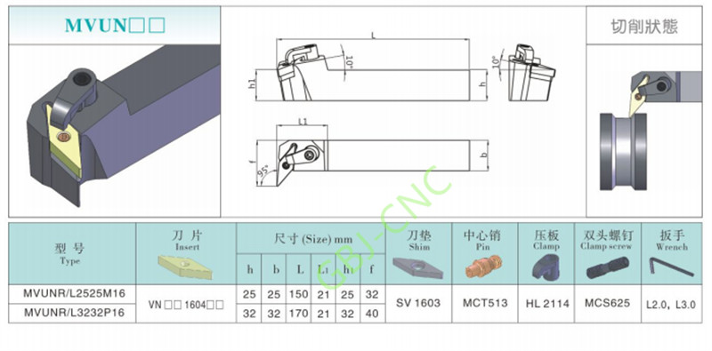 95° MVUNR MVUNL 1616 2020 2525 K16 M16 External turning tool For VNMG (clamp)