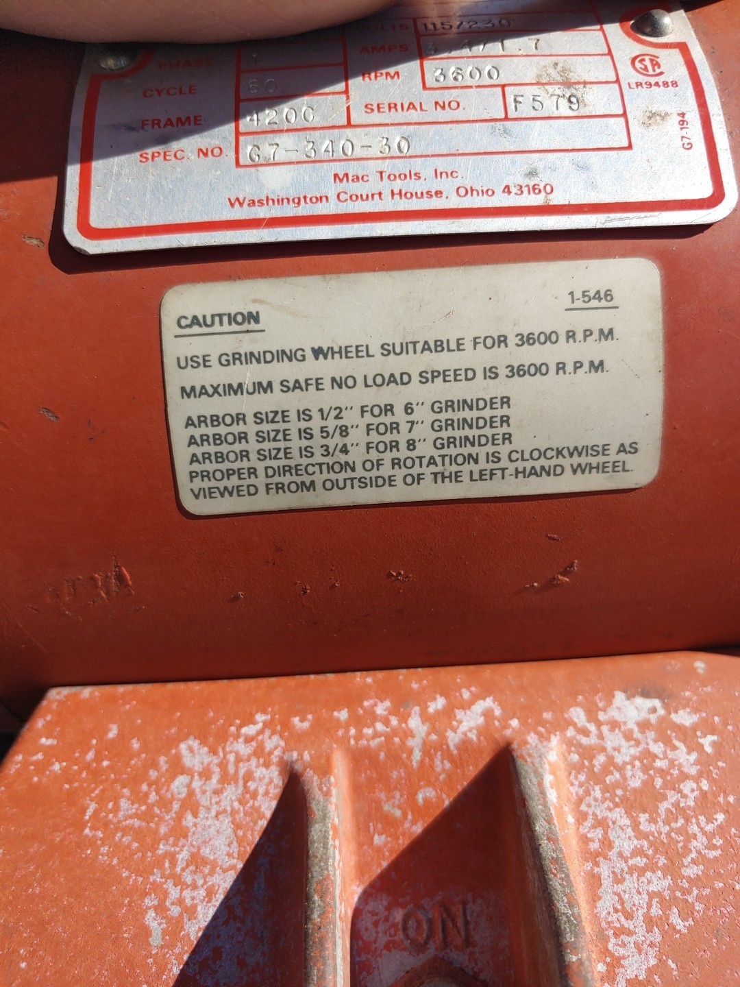 MAC TOO 7” GRINDER #BG712R – 1/2 HP – 3600 RPM – 115/230 VOLTS, 3.4/1.7AMP