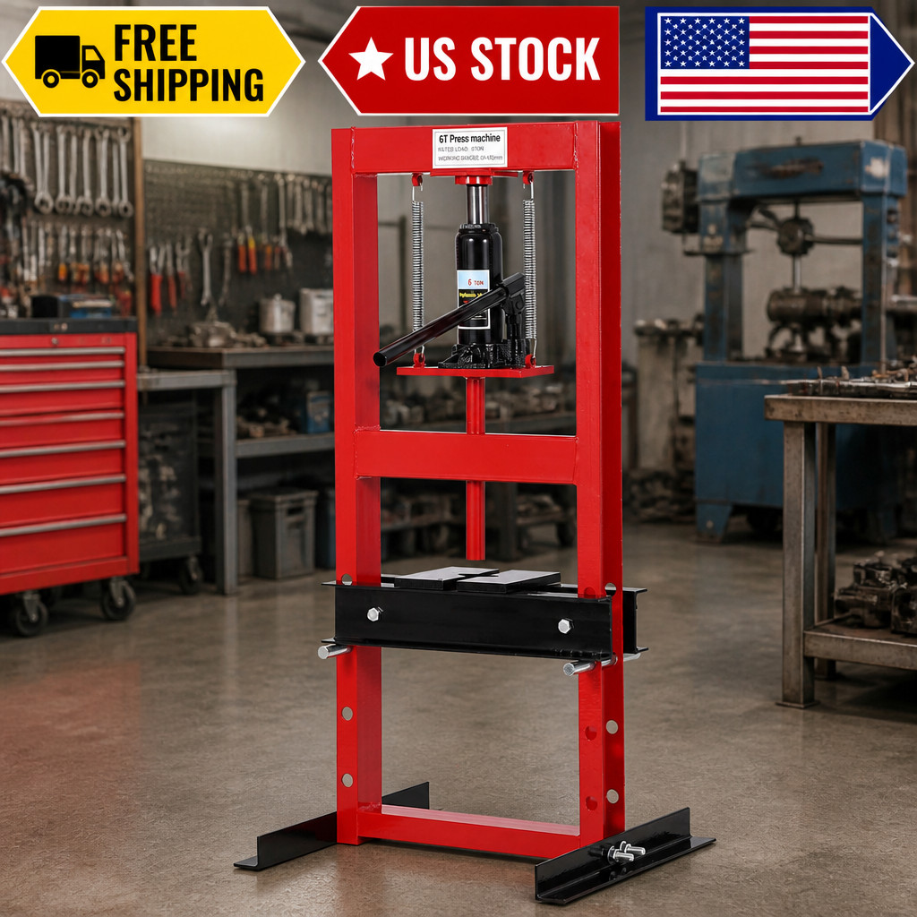 Hydraulic Press T Shop Press, Heavy Duty H Frame Garage Adjustable Red 6