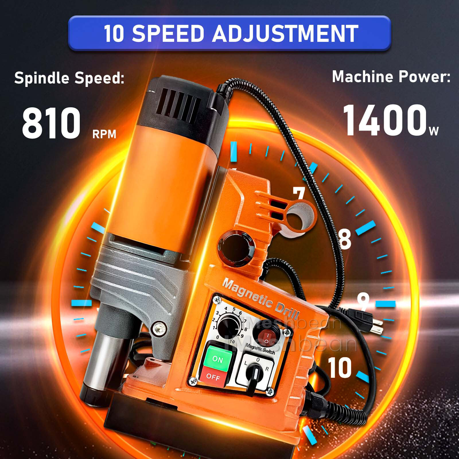 1400W Magnetic Drill 2922lbf/13000N Portable Mag Drill Press 810RPM w/ 6 Drills