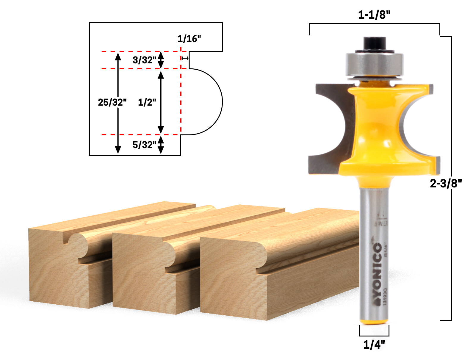 1/4″ Radius Bullnose Bead Router Bit – 1/4″ Shank – Yonico 13193q