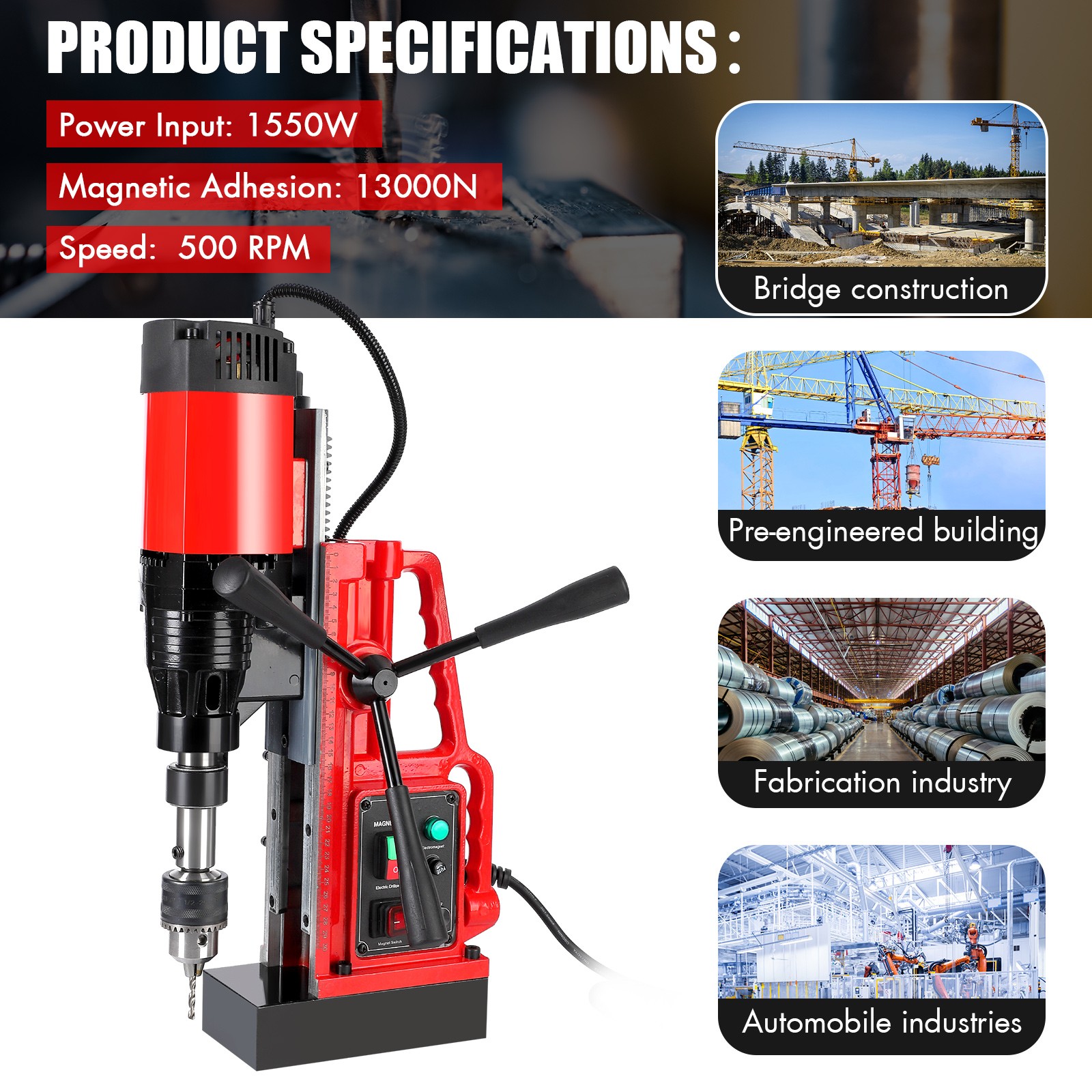 Garvee 1100W Magnetic Drill 550RPM 1.57″ Capacity 12Pcs Bits for Metal Surface