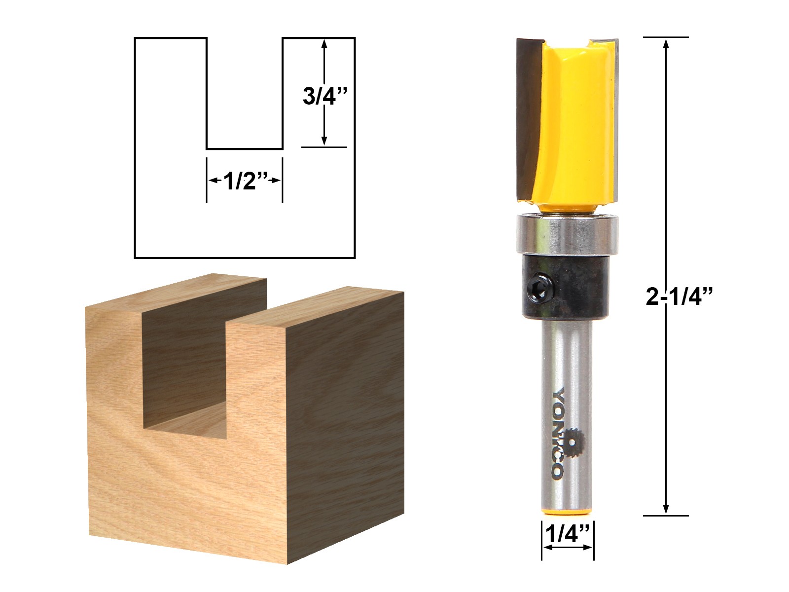 4 Bit 1/2″ Diameter Flush Trim Template Router Bit Set 1/4″ Shank Yonico 14422q