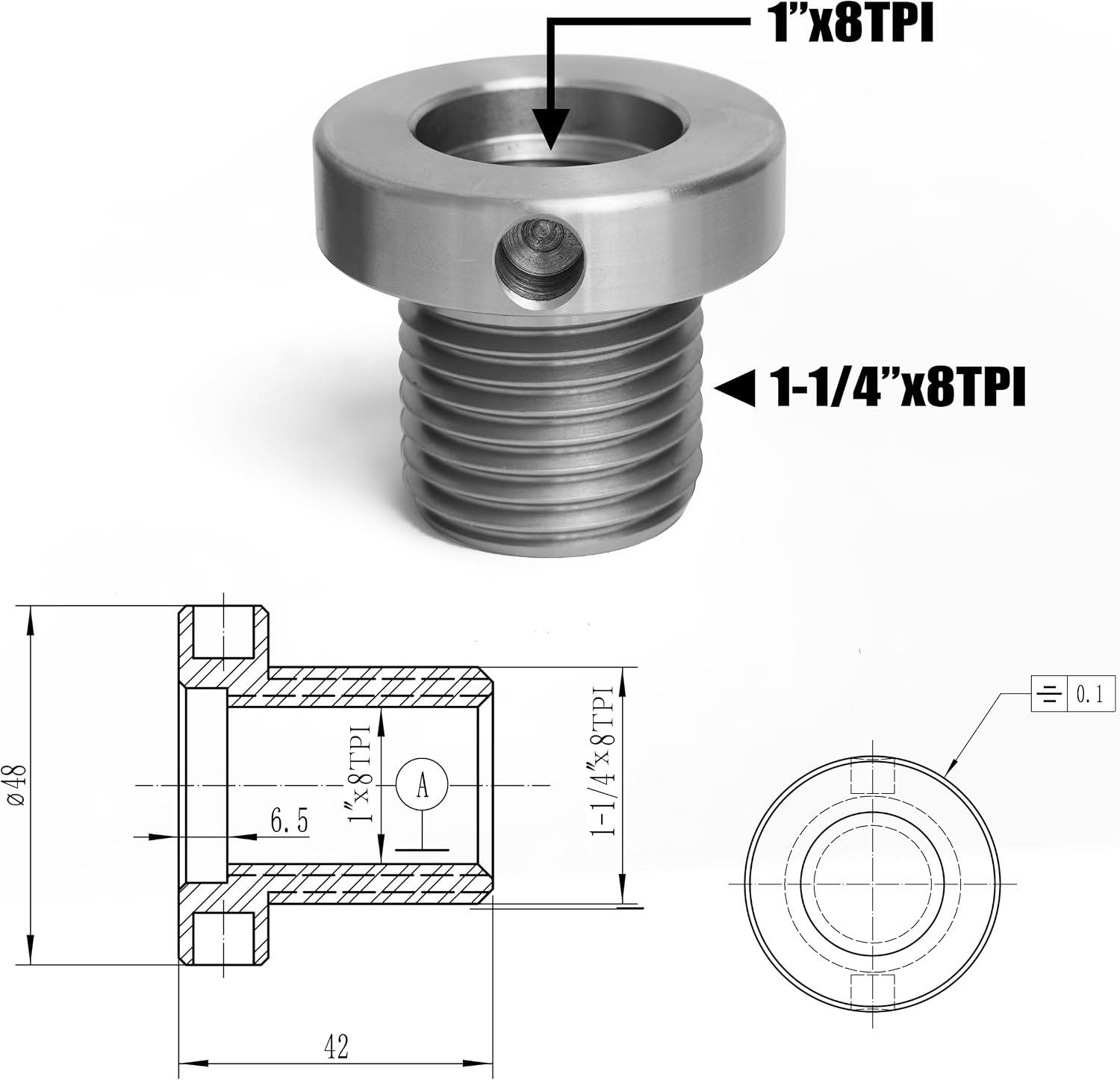 1x8TPI Female to 1-1/4x8TPI Male Wood Lathe Headstock Spindle Adapter Part