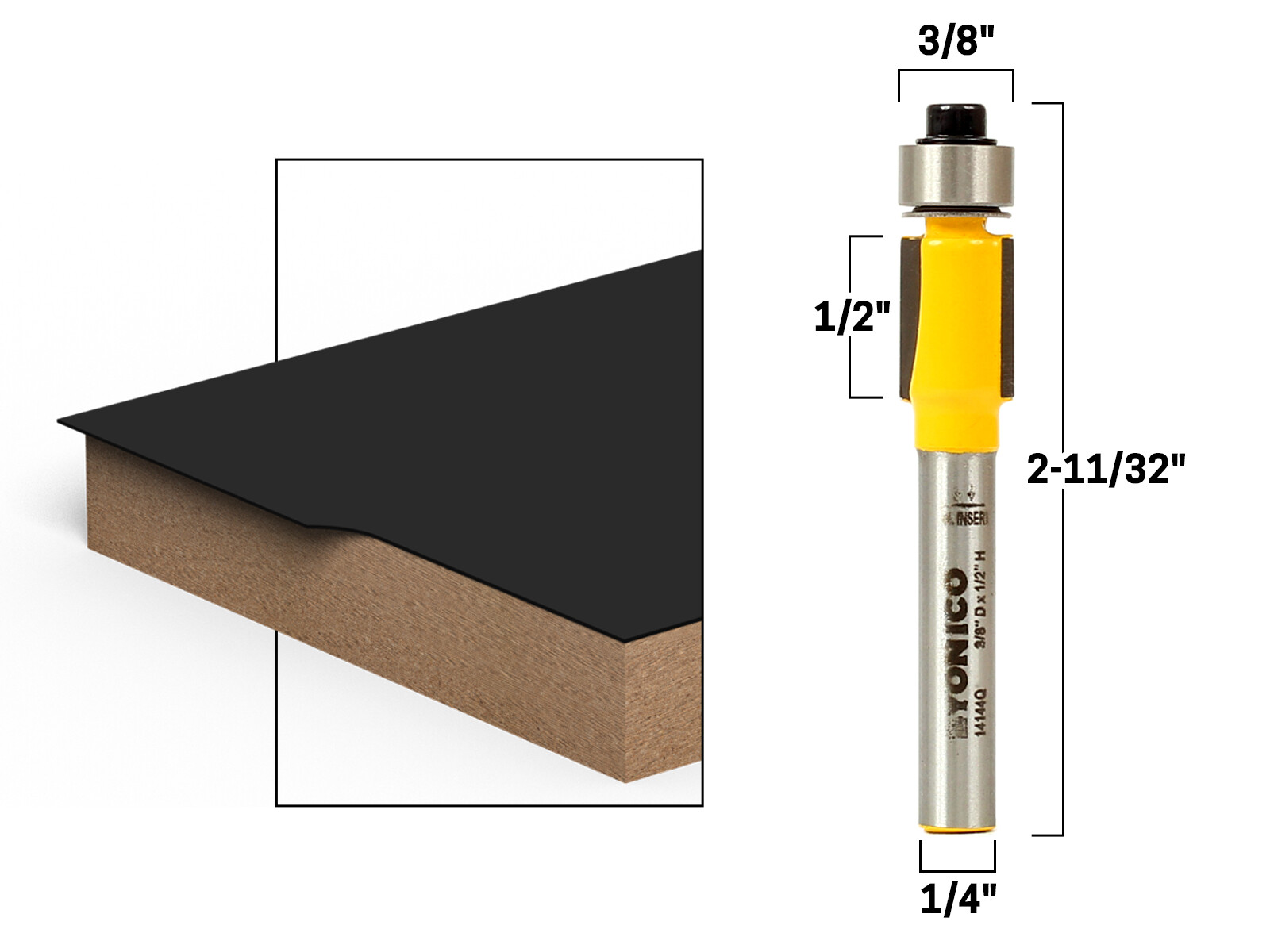 1/2″ Height X 3/8″ Diameter Flush Trim Router Bit – 1/4″ Shank – Yonico 14144q