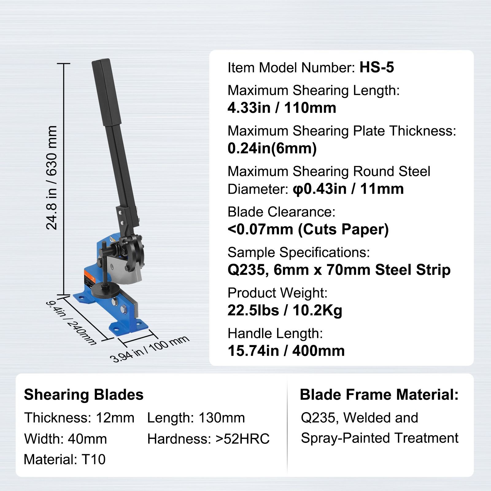 HS-5 Benchtop Metal Shear: Cuts 6mm Steel, 11mm Rod, T10 Blades