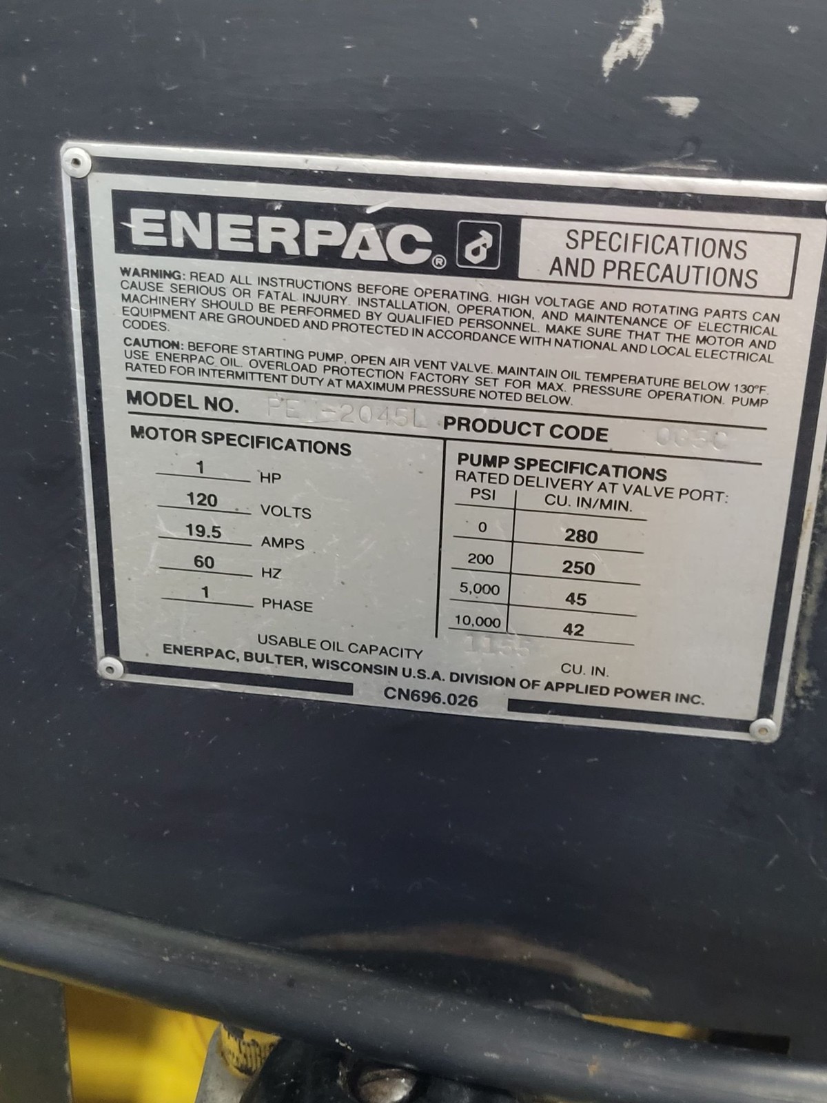 ENERPAC PEM-2045L HYDRAULIC PUMP – 1 HP 120 V