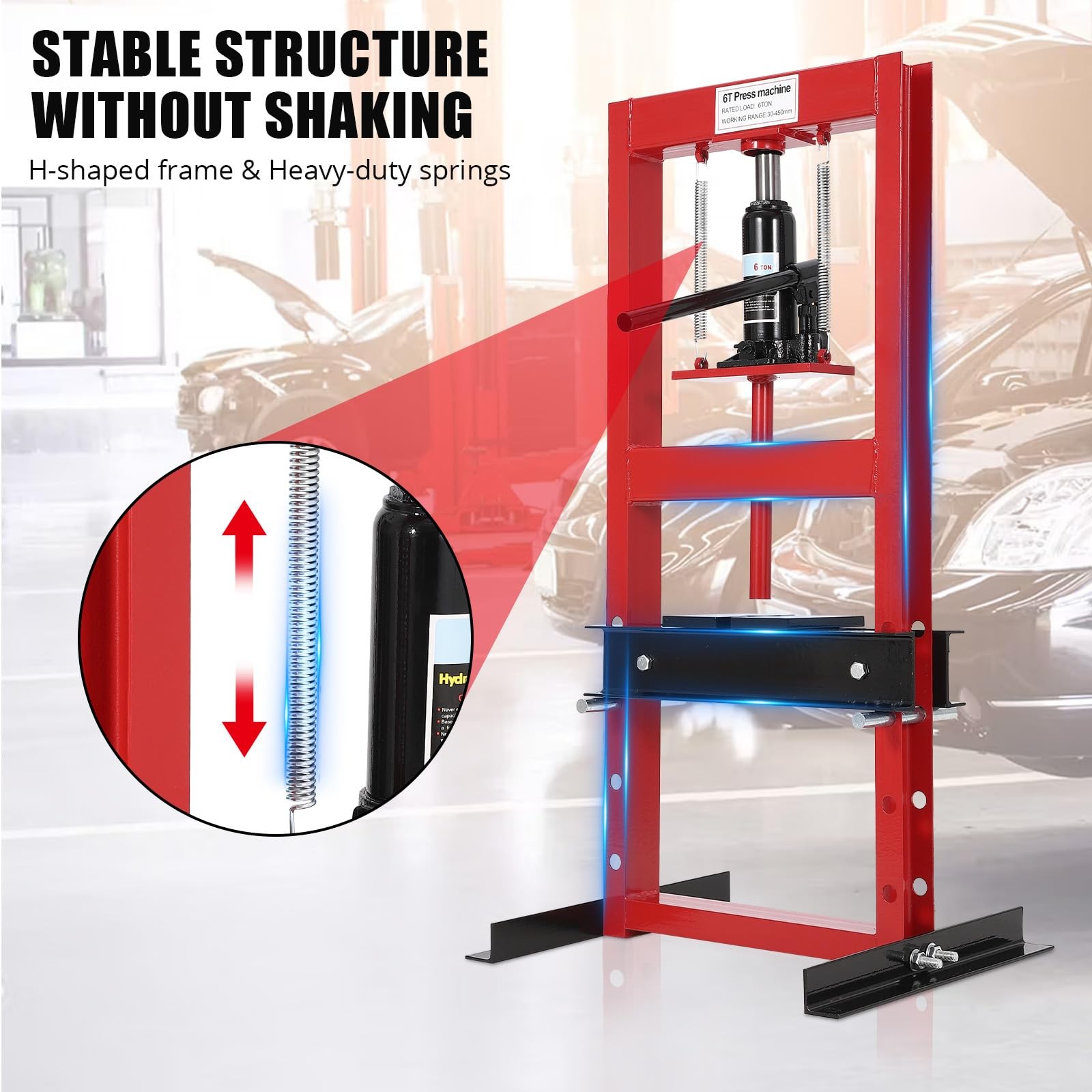 Hydraulic Press T Shop Press, Heavy Duty H Frame Garage Adjustable Red 6
