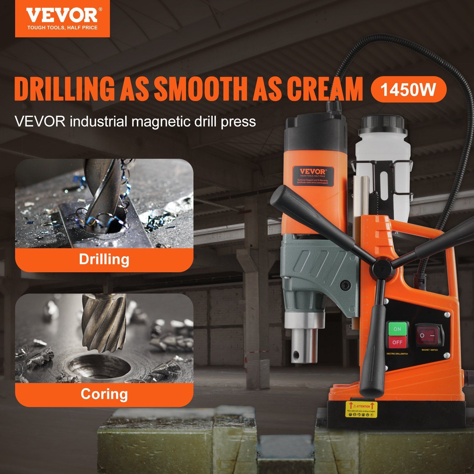 Magnetic Drill 1450W 12500N 850 RPM Electric Mag Drill Press Drilling Machine