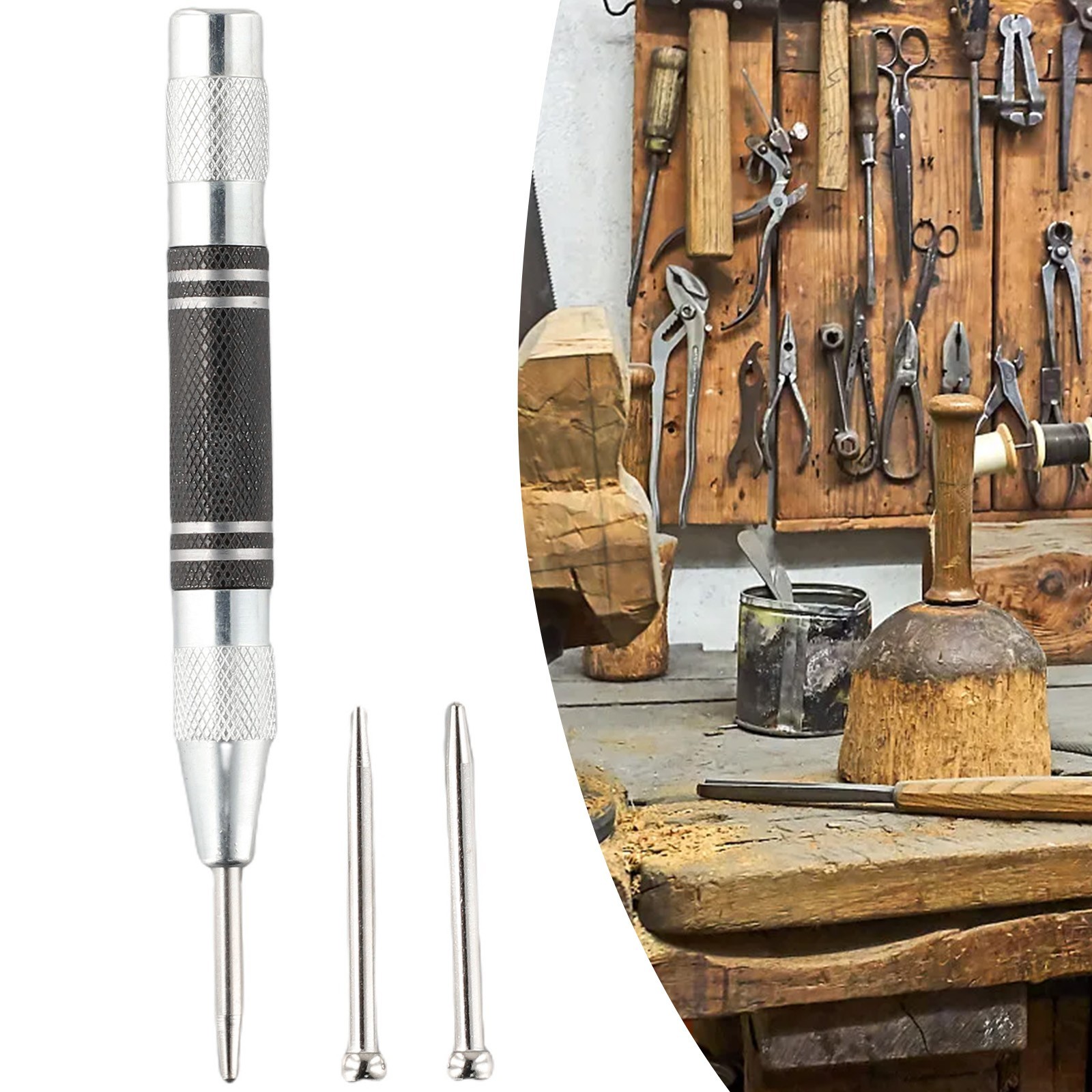 Automatic Center Punch Adjustable Positioning Center Punch Silver Black