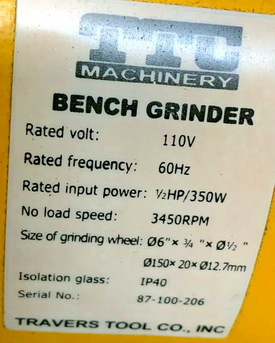 TRAVERS TOOL BENCH GRINDER, 87-100-206, 110 V, 1/2 HP, 350 W, 6″ WHEEL, 3450 RPM