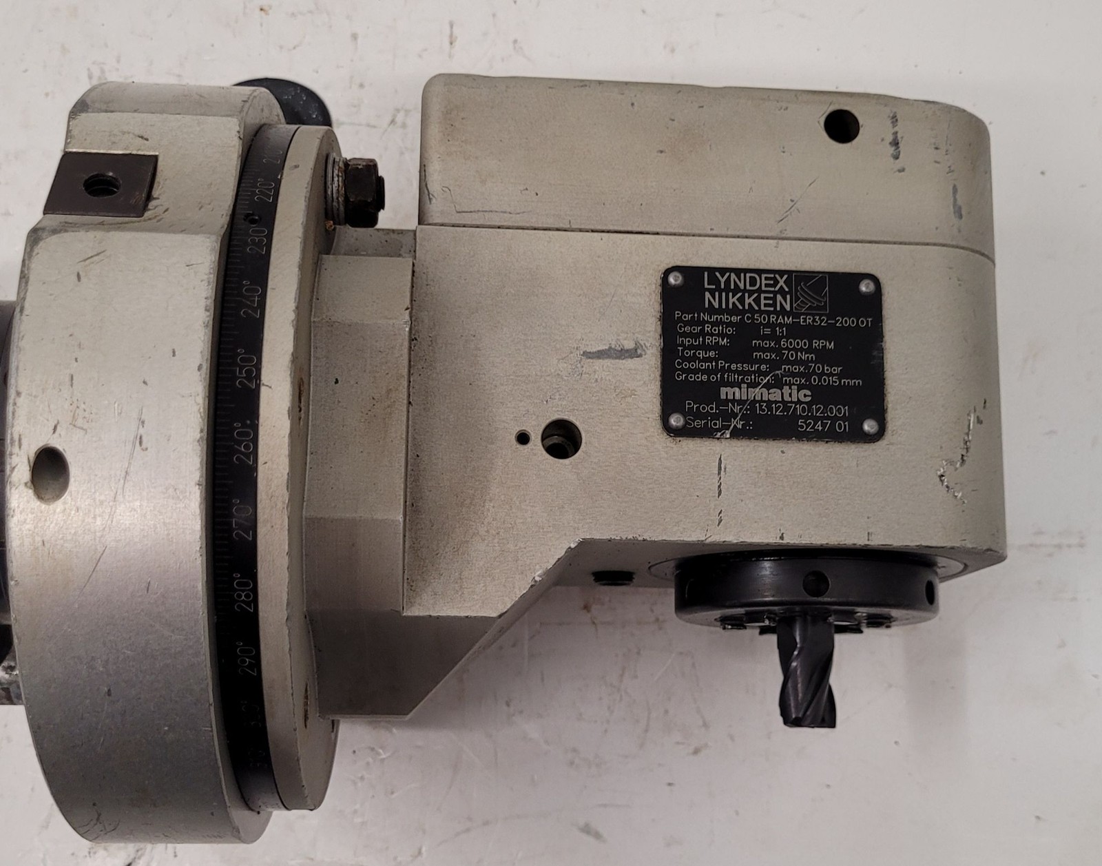 Lyndex Nikken C50 RAM-ER32-200 0T Right Angle Head CAT 50 Mimatic