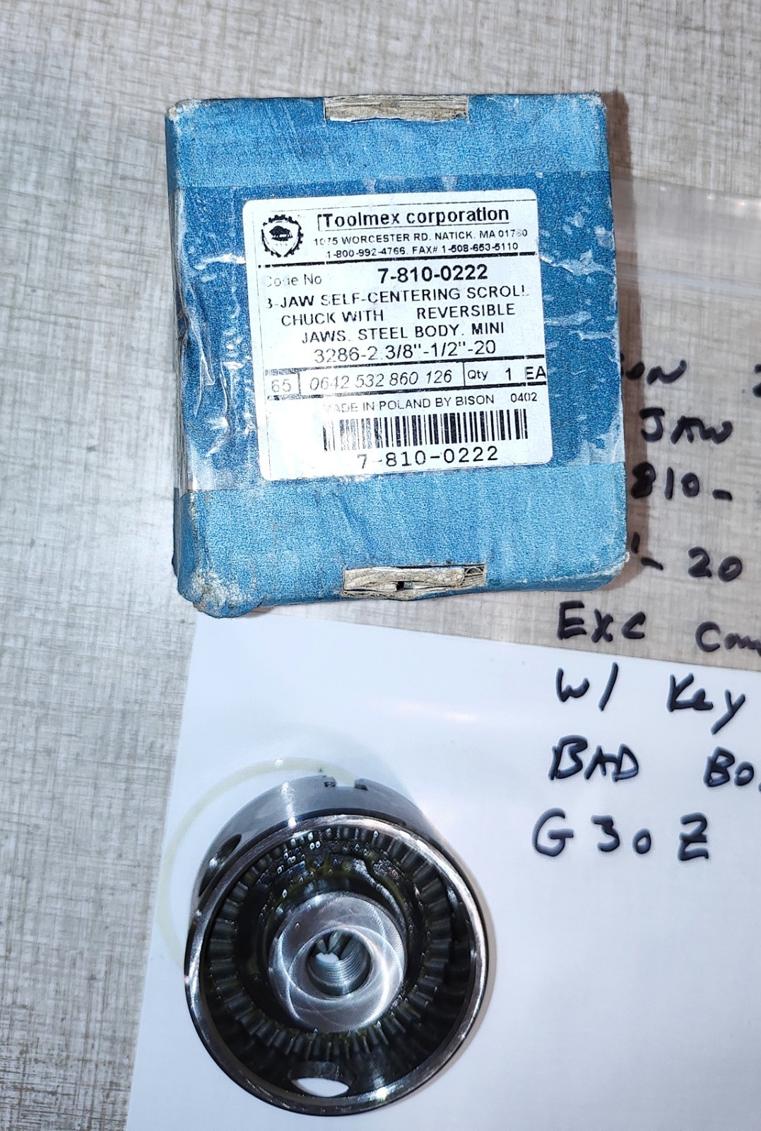 Bison 2-3/8″ Three Jaw Chuck & Key #7-810-0222 G30Z