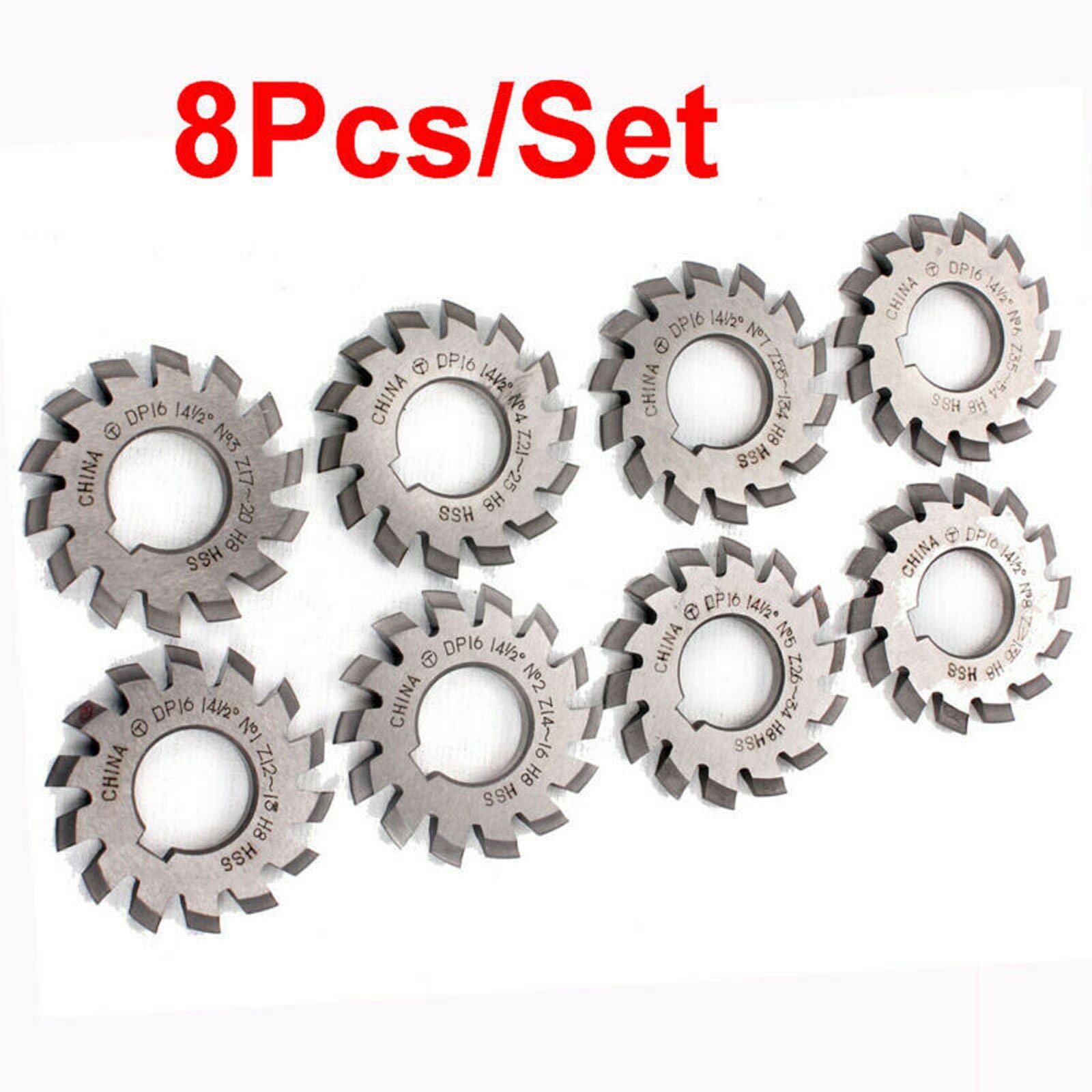 8 Pcs/Set 14.5° Involute Gear Cutter DP8 DP10 DP16 DP20 DP22 PA14-1/2 HSS 8H