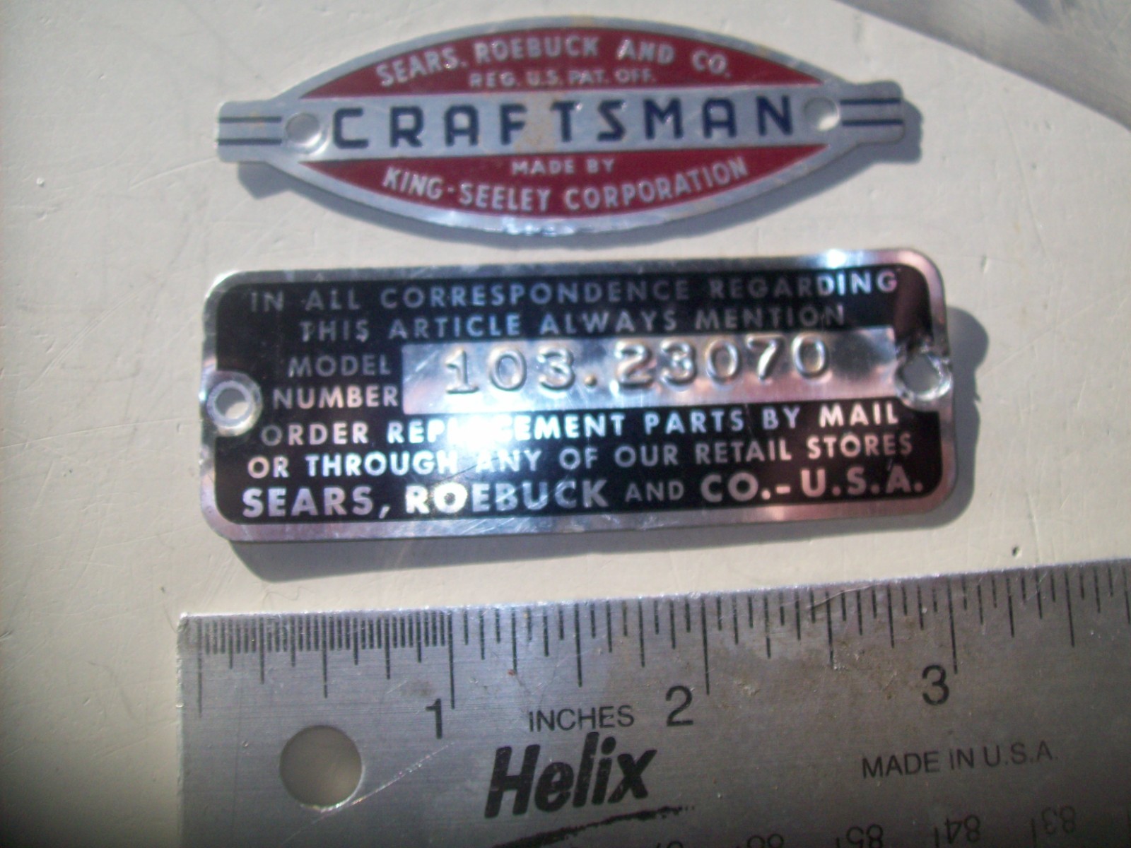 Name & Model plates & Brads from Vintage Craftsman 9″ Wood Lathe #103-23070
