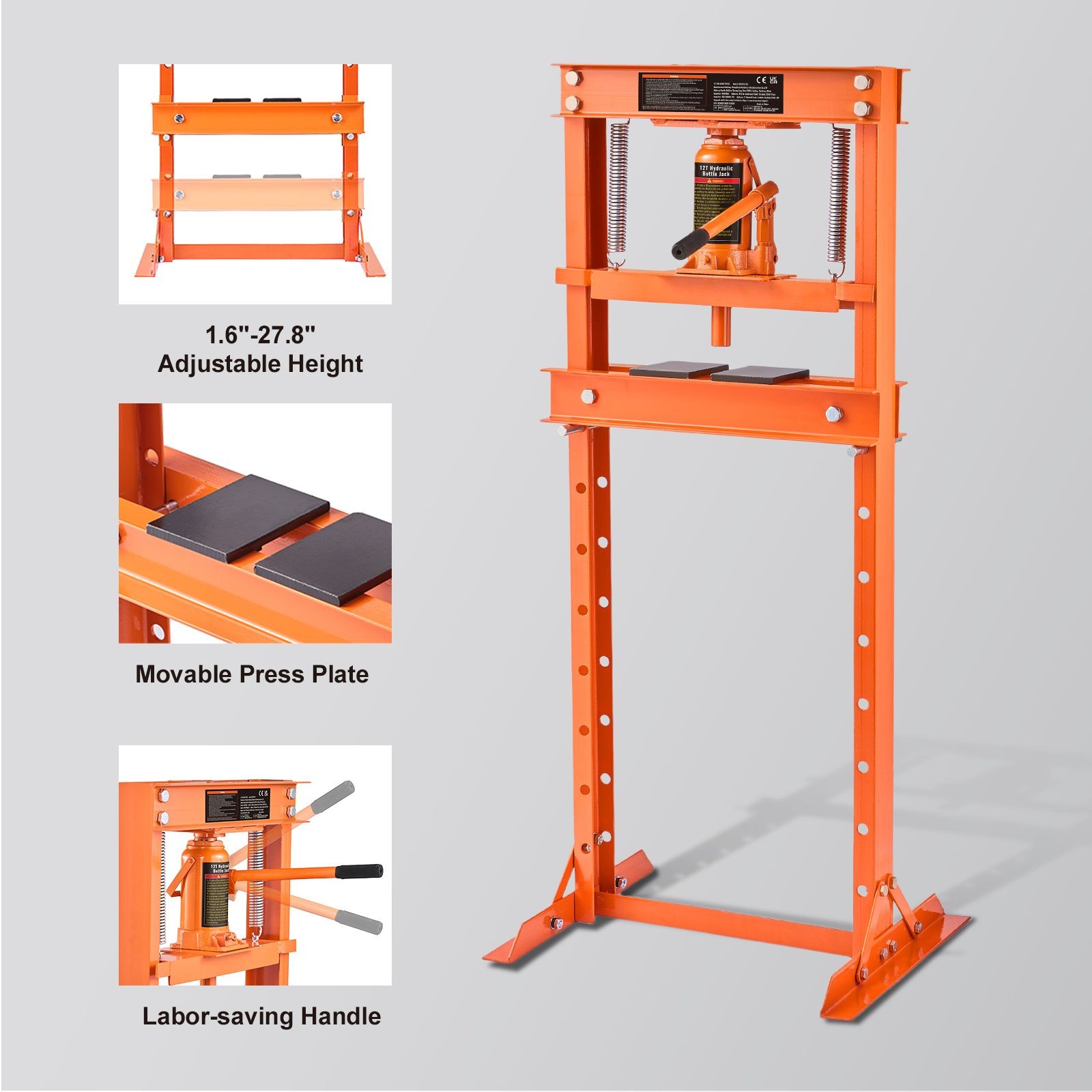 12T H-Frame Hydraulic Shop Press 19.7×20.1×52.5in Heavy Duty Garage