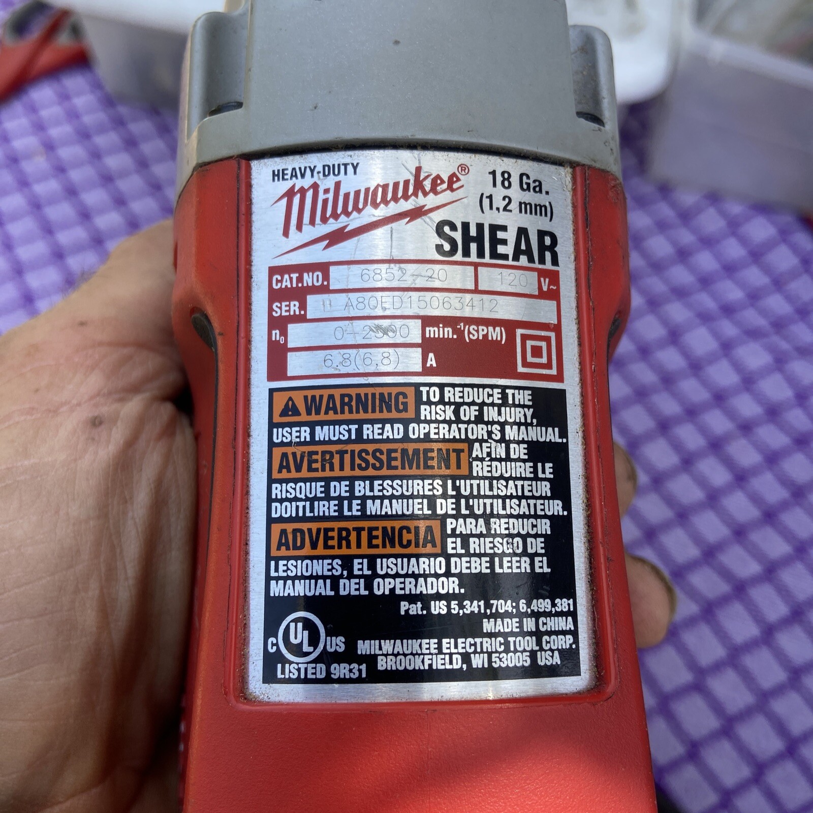 Milwaukee (6852-20) 18-Gauge Electric Shear, Corded 120VAC, Excellent Cond. USA
