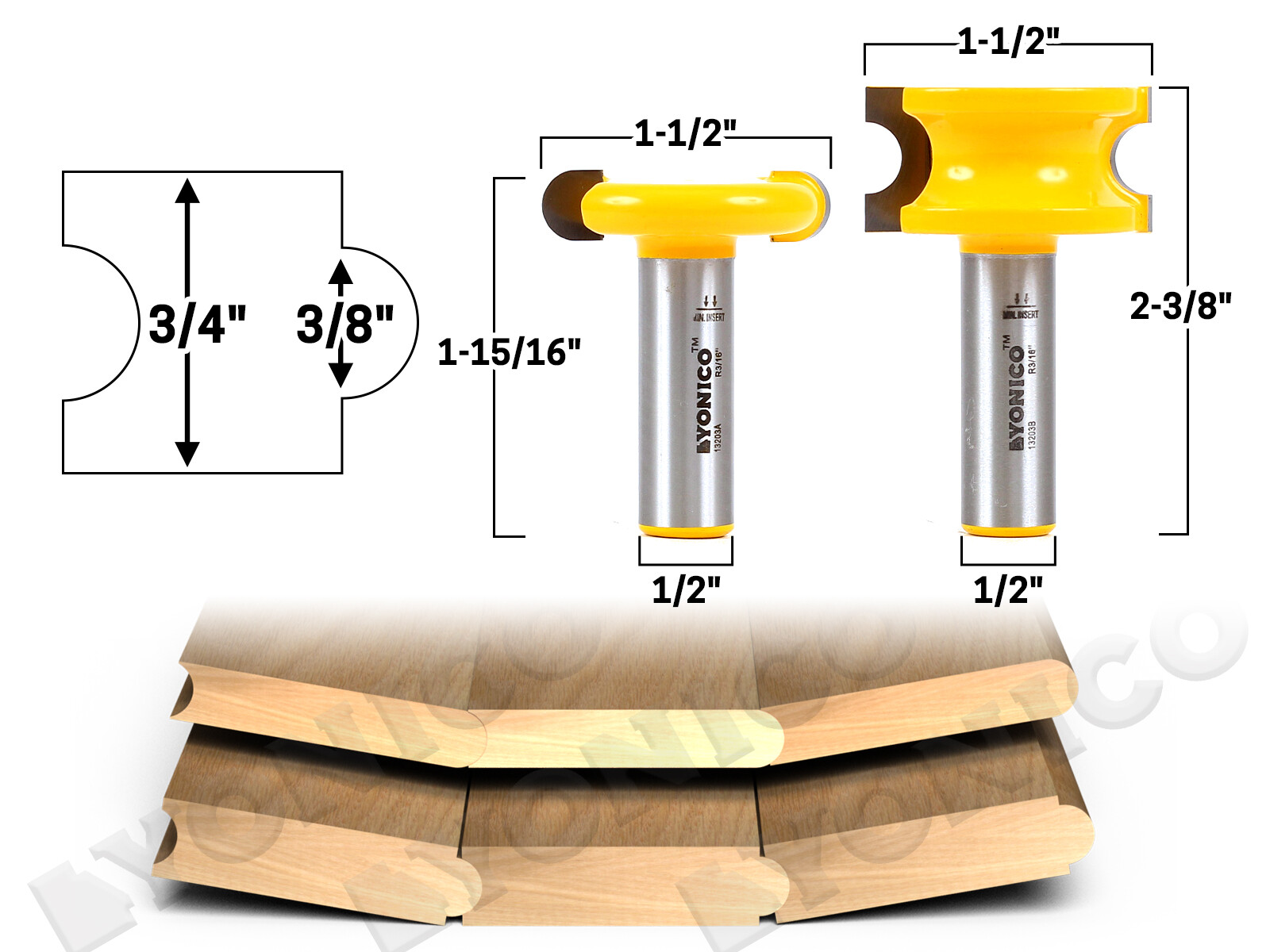 3/8″ Bead 2 Bit Canoe Joint Router Bit Set – 1/2″ Shank – Yonico 13203