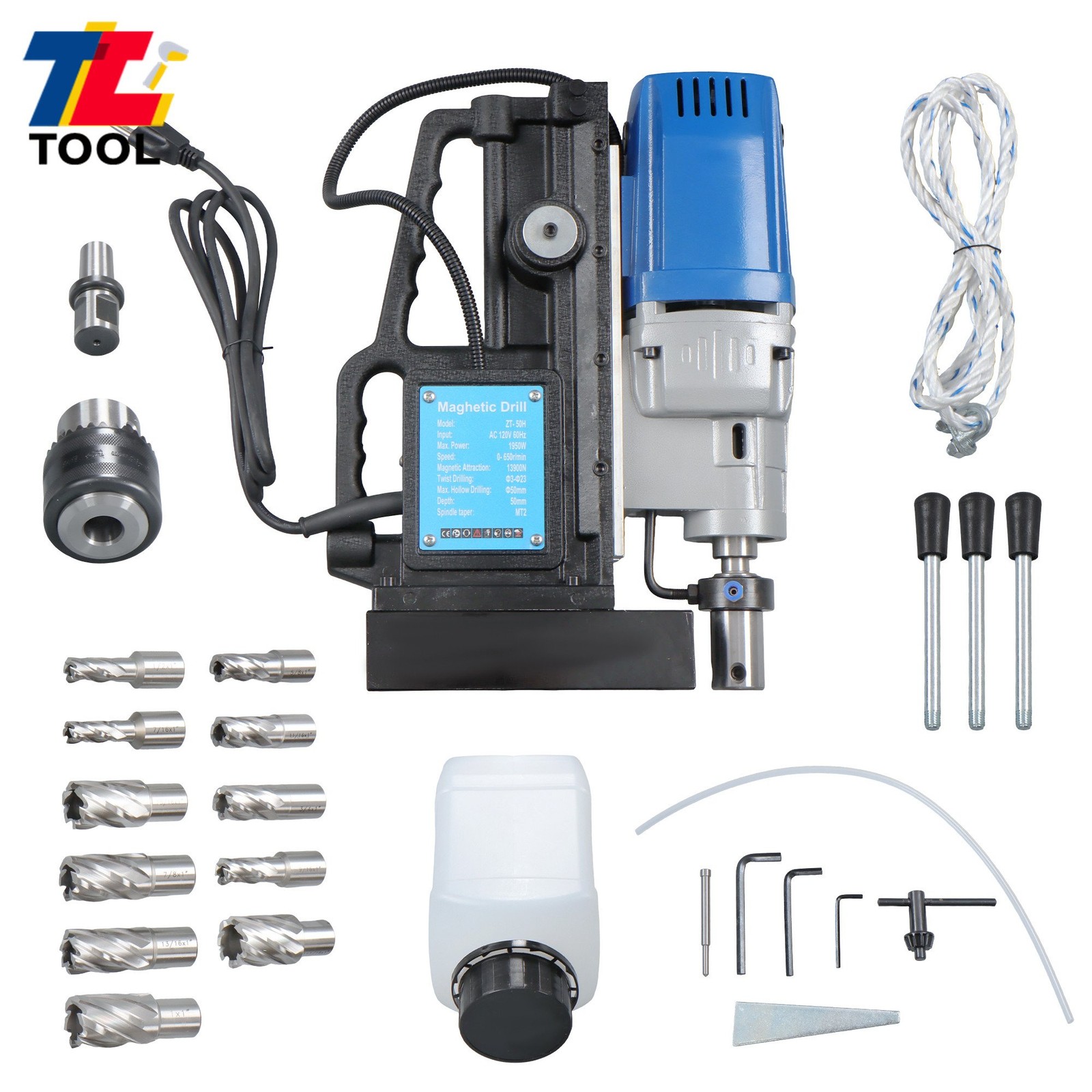 MD50 Magnetic Drill with 11 Drill Bit Stepless Speed Bi-Directional 1950W 13900N