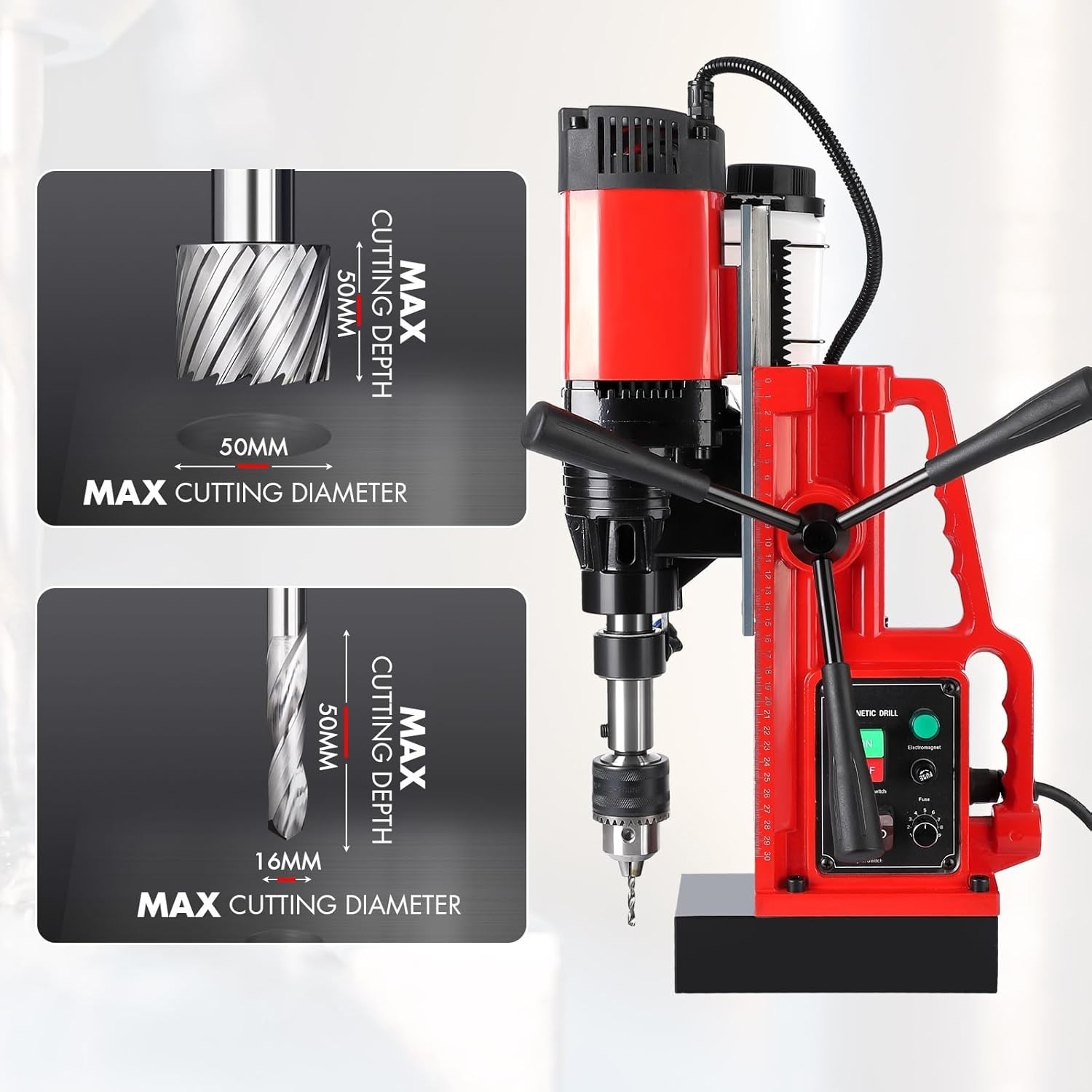 1550W Power Mag Drill Presses 2″ Boring Diameter 500RPM 10Speed with 11Pcs Bits