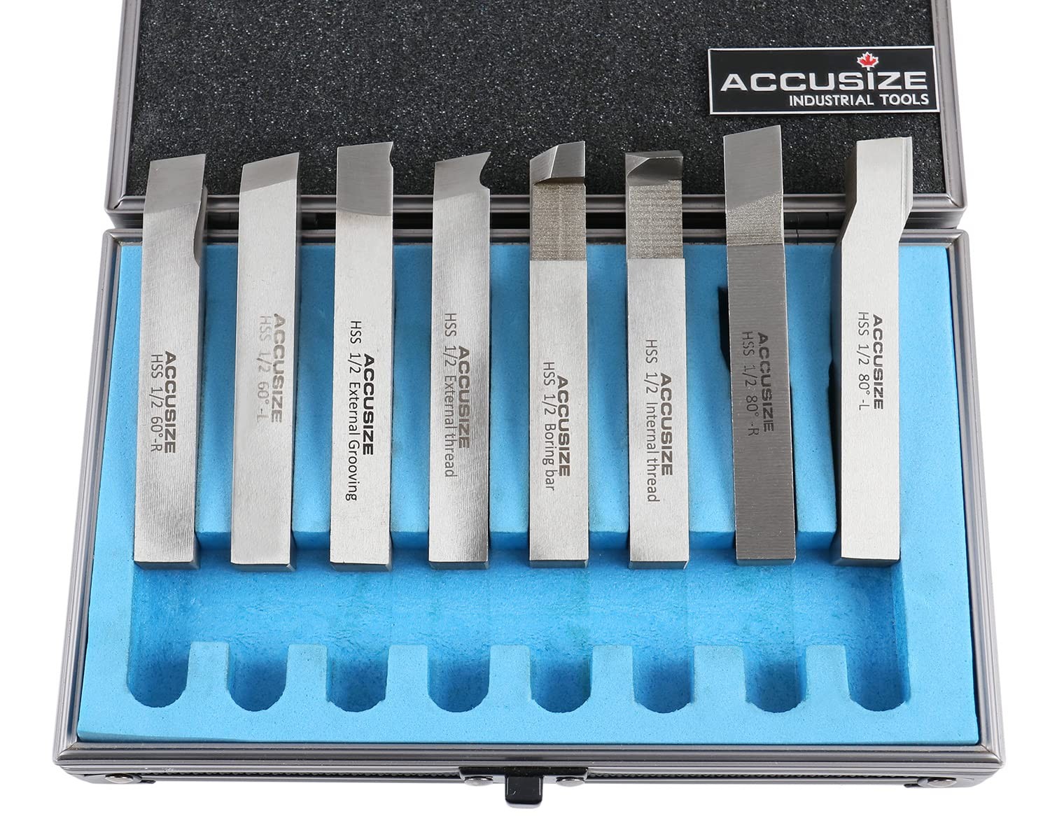 Accusize Industrial Tools 1/2” 8 Pcs Hss Tool Bit Set, Pre-Ground for Turning a