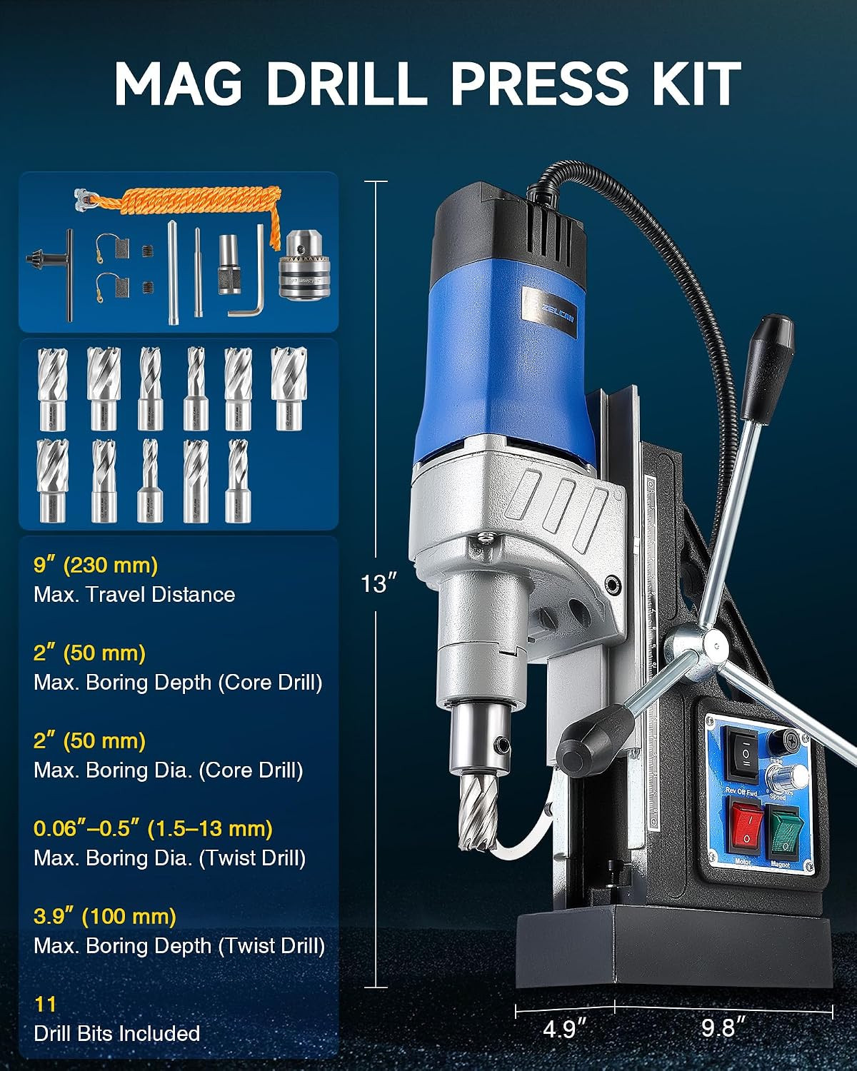 Mag Drill Press with 11 Pcs Bits, 1550W Portable Magnetic Drill Press with 2″ Bo