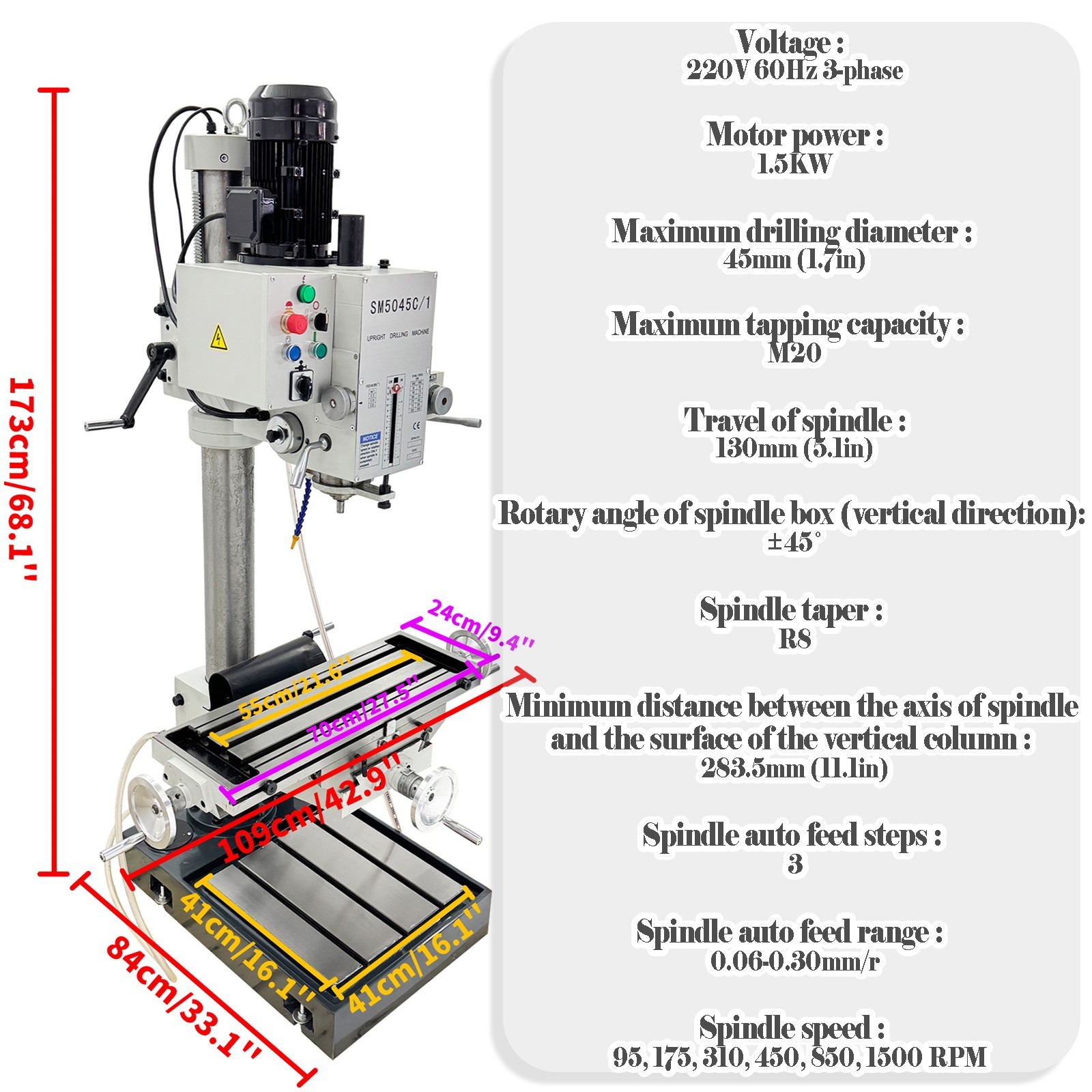 220V 3PH Automatic Feed Gear Head Vertical Drill Press Drilling Tapping Machine