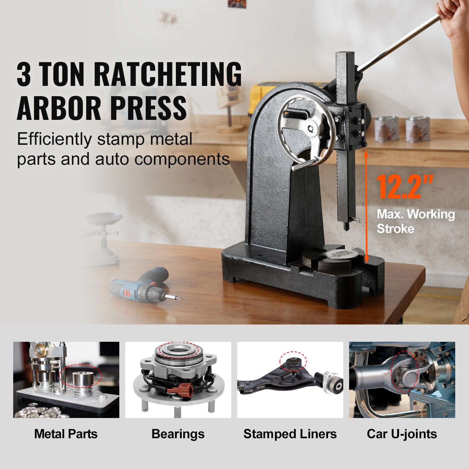 3 Ton Ratchet Arbor Press, 12.2″ Max Height, Cast Iron, Black