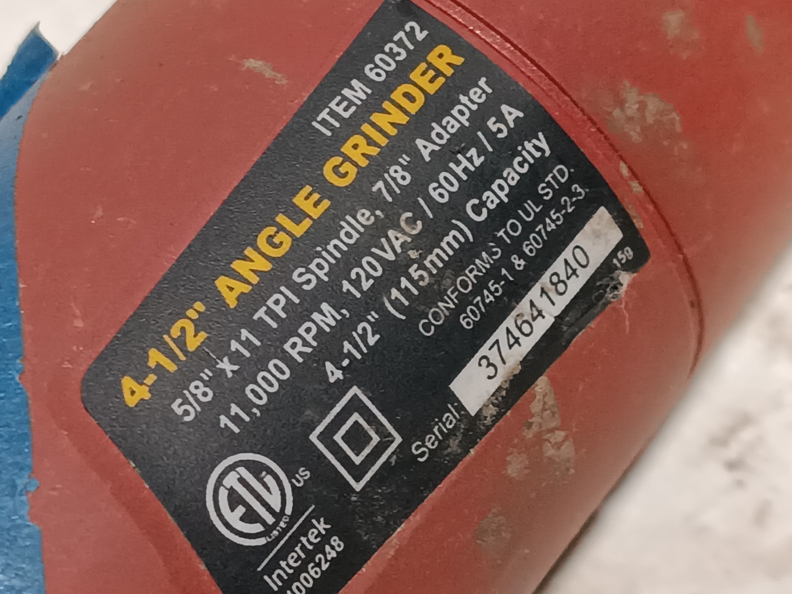 Chicago Electric 60372 4.5″ corded angle grinder, 7/8″ adapter, 11000RPM, 120VAC