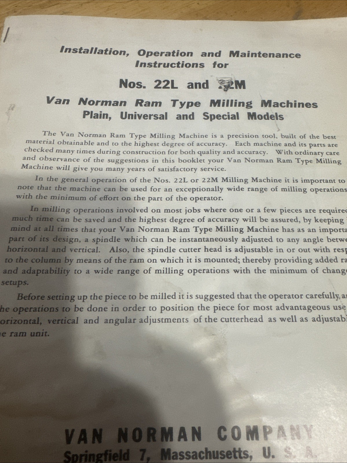 Van Norman RAM Type Milling Company 22L 22M Catalog Book